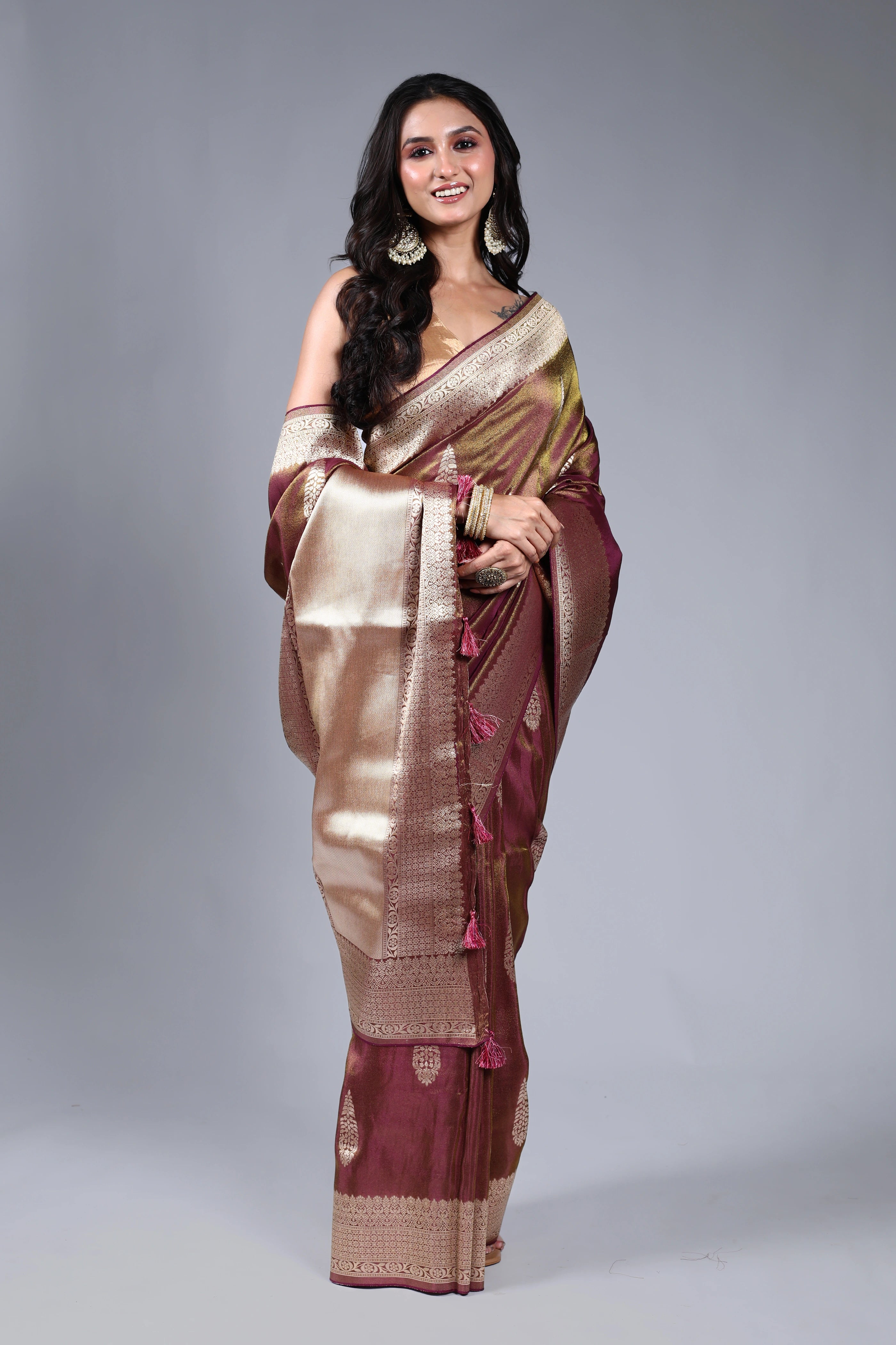 Wine Semi Tissue Banarasi Saree With Blouse Piece
