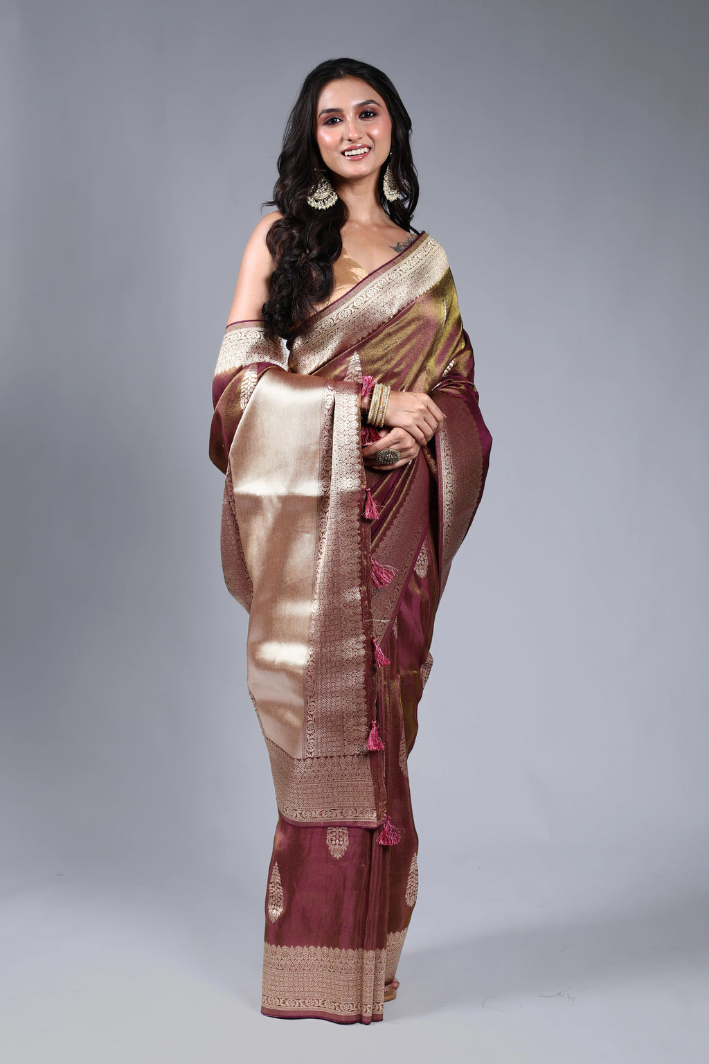 Wine Semi Tissue Banarasi Saree With Blouse Piece