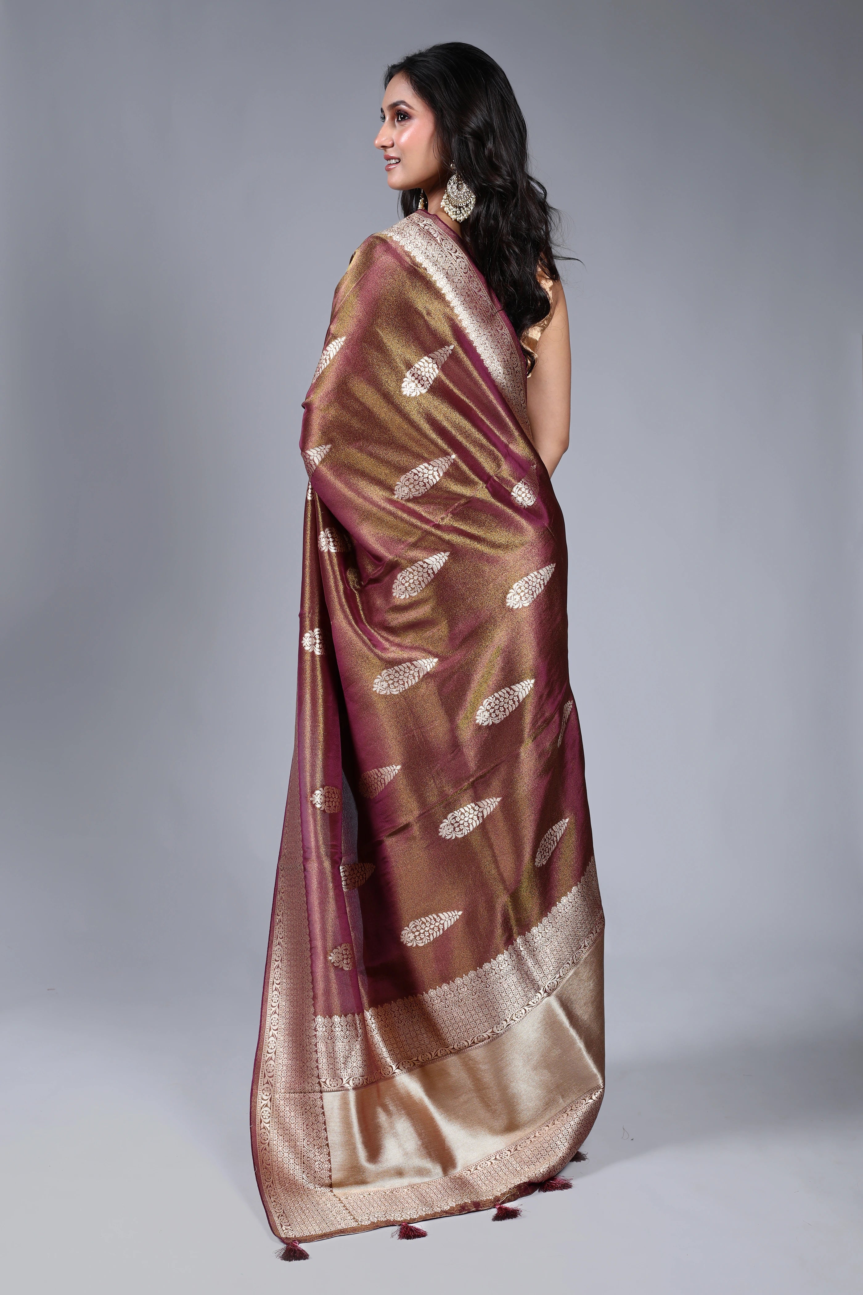 Wine Semi Tissue Banarasi Saree With Blouse Piece