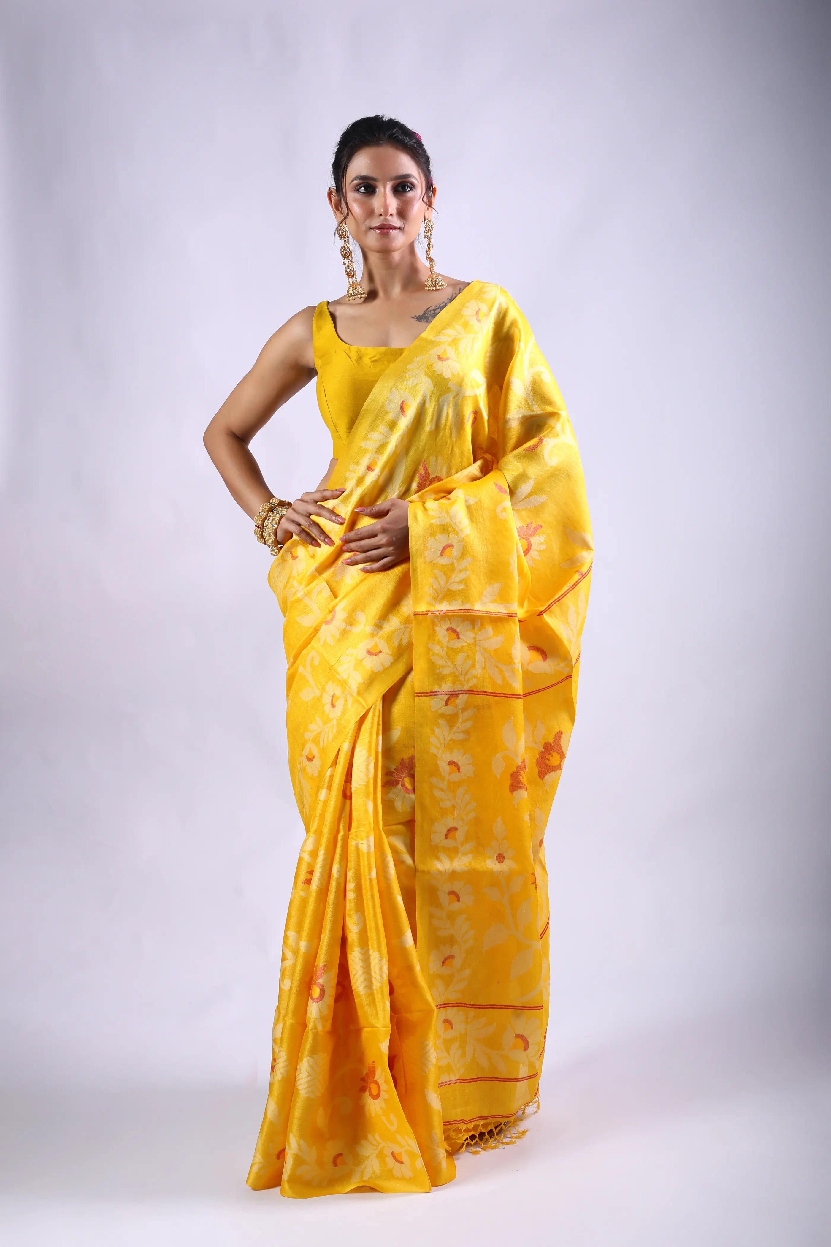 Yellow Tussar Jamdani Saree With Blouse Piece