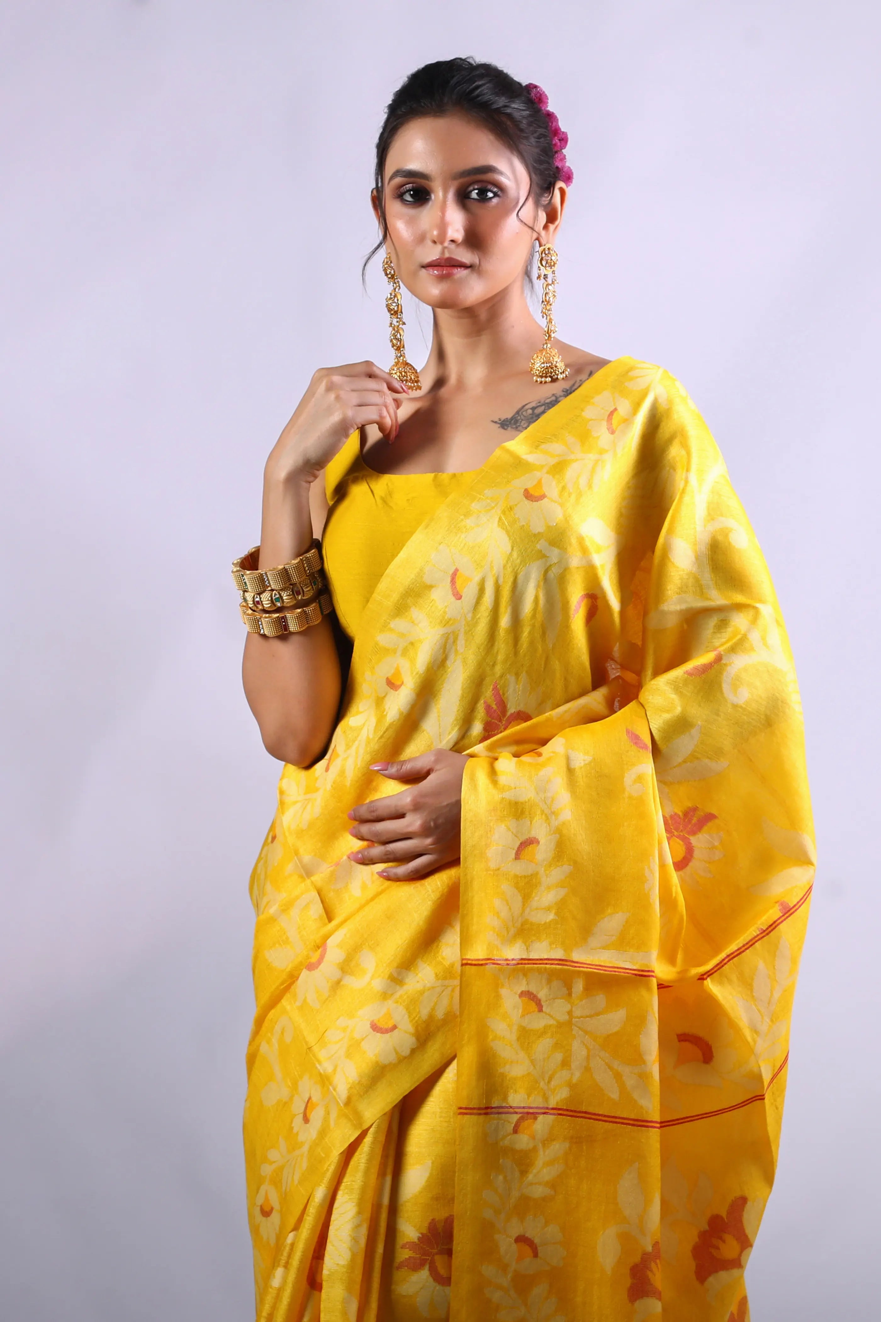 Yellow Tussar Jamdani Saree With Blouse Piece