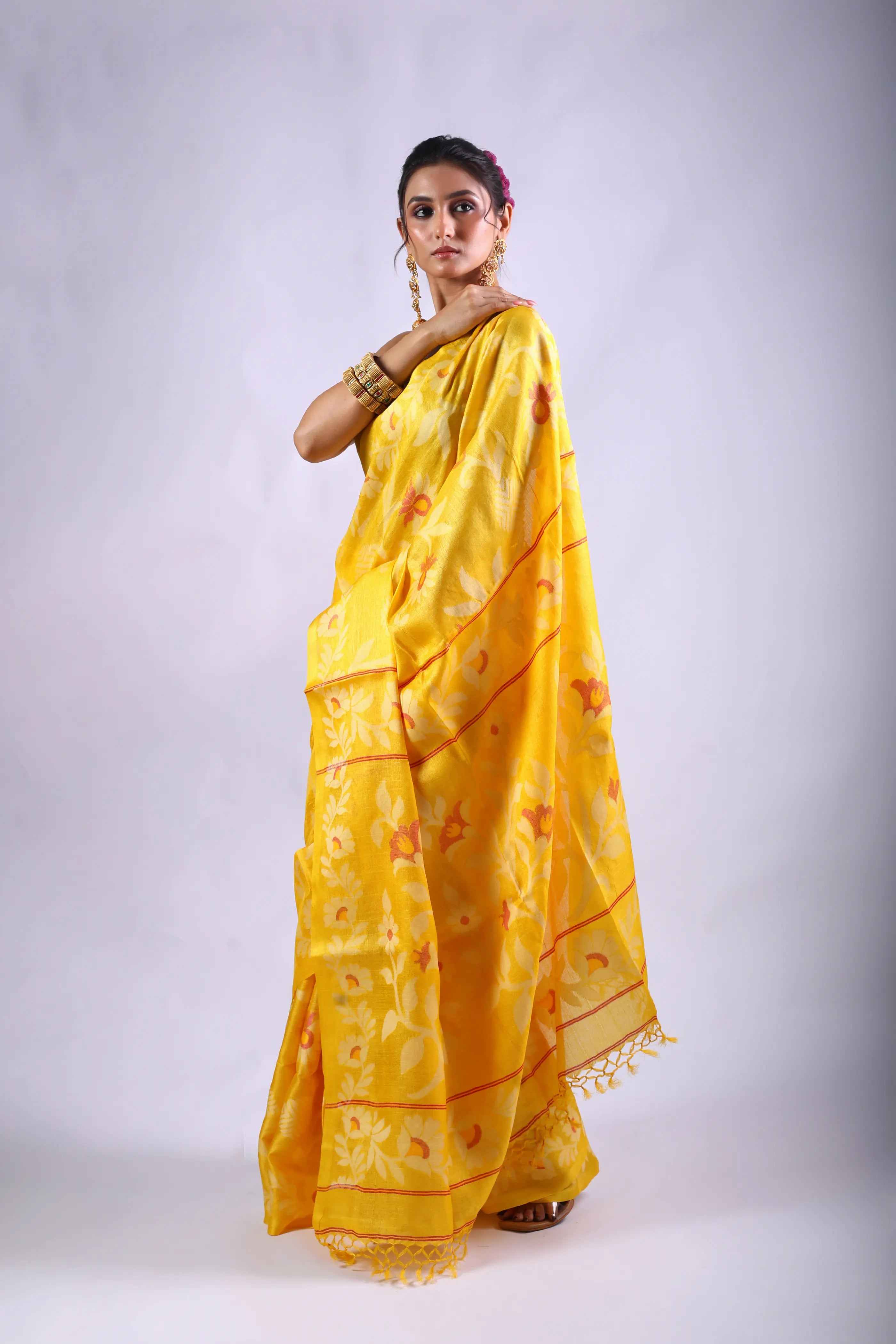 Yellow Tussar Jamdani Saree With Blouse Piece