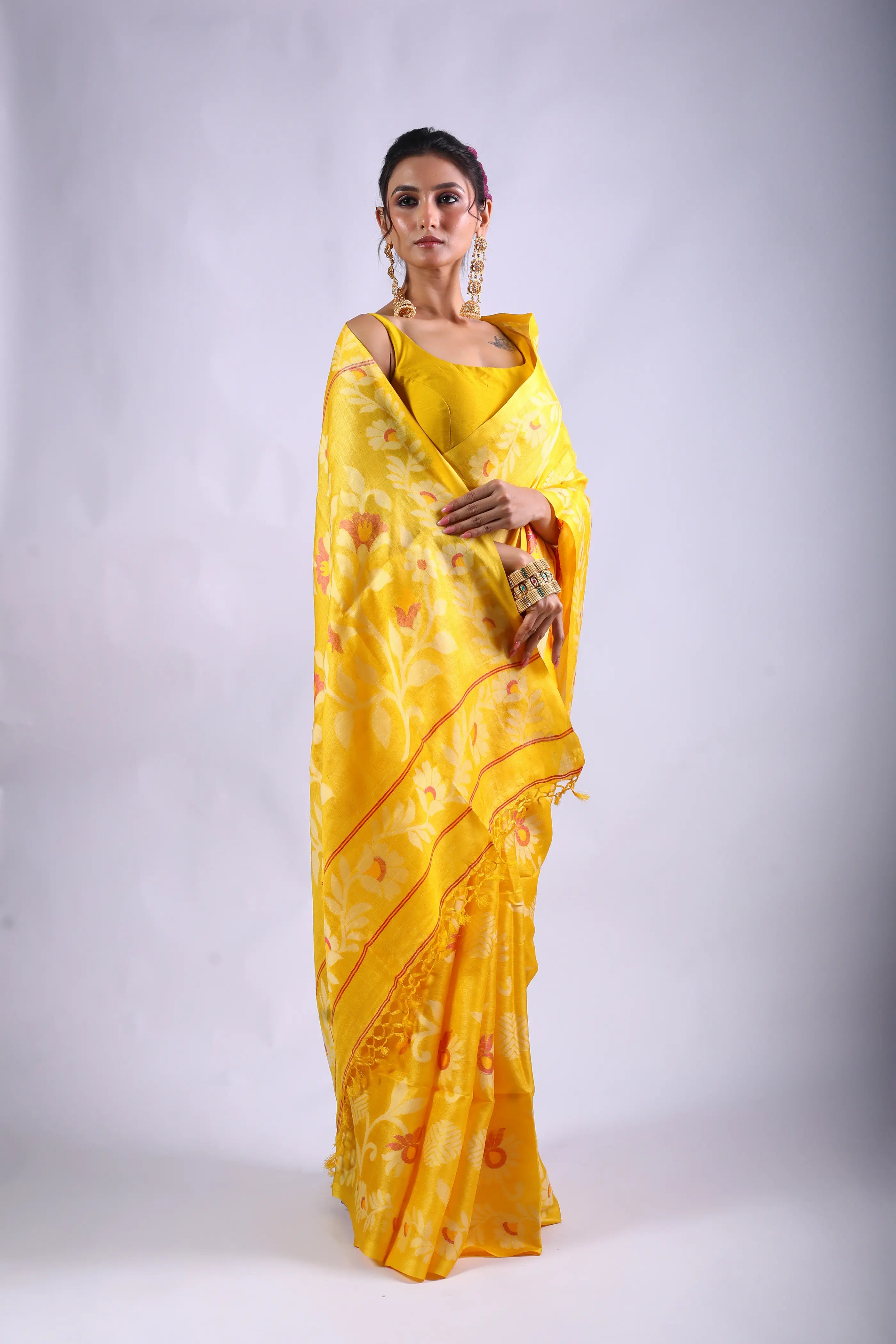 Yellow Tussar Jamdani Saree With Blouse Piece