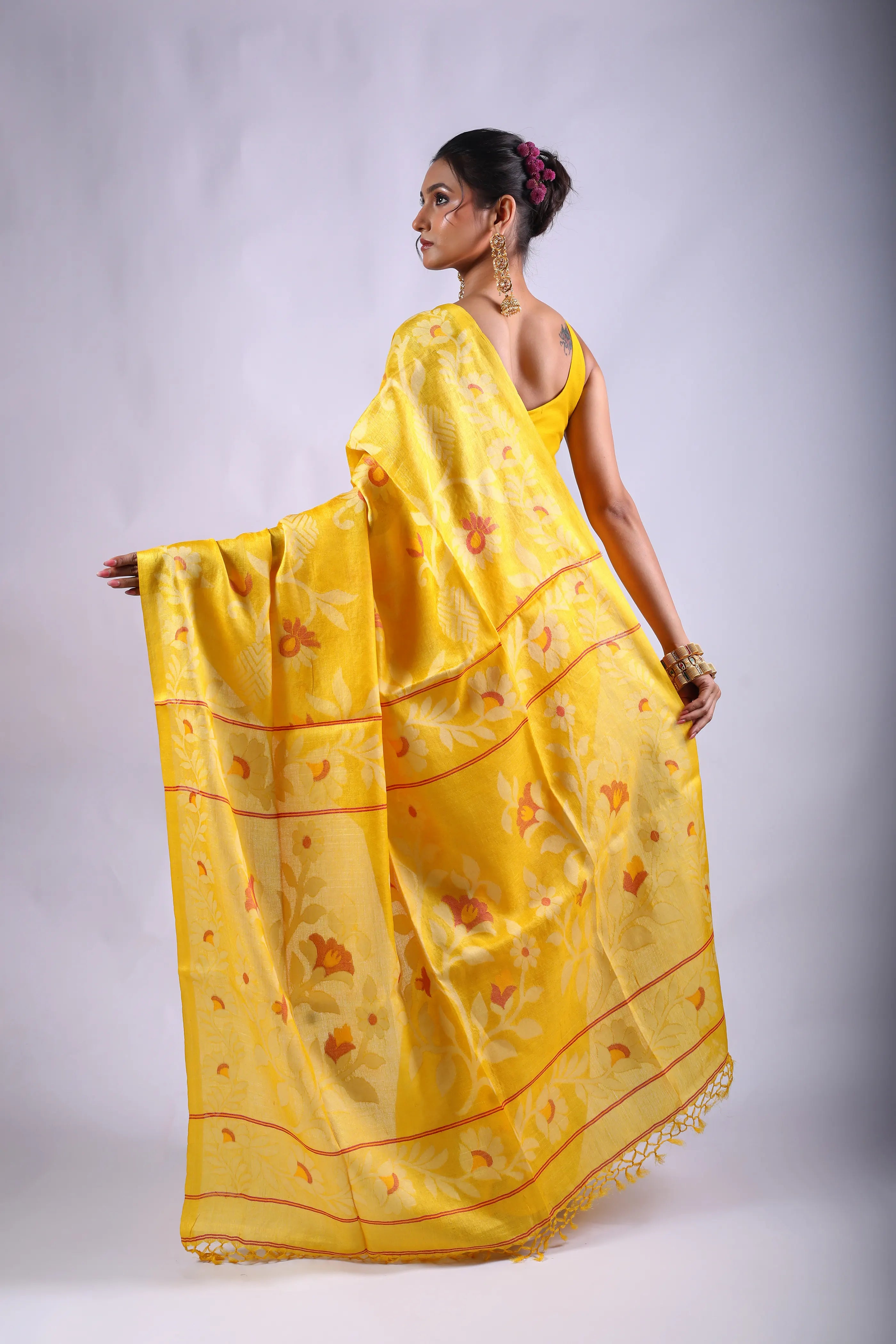 Yellow Tussar Jamdani Saree With Blouse Piece