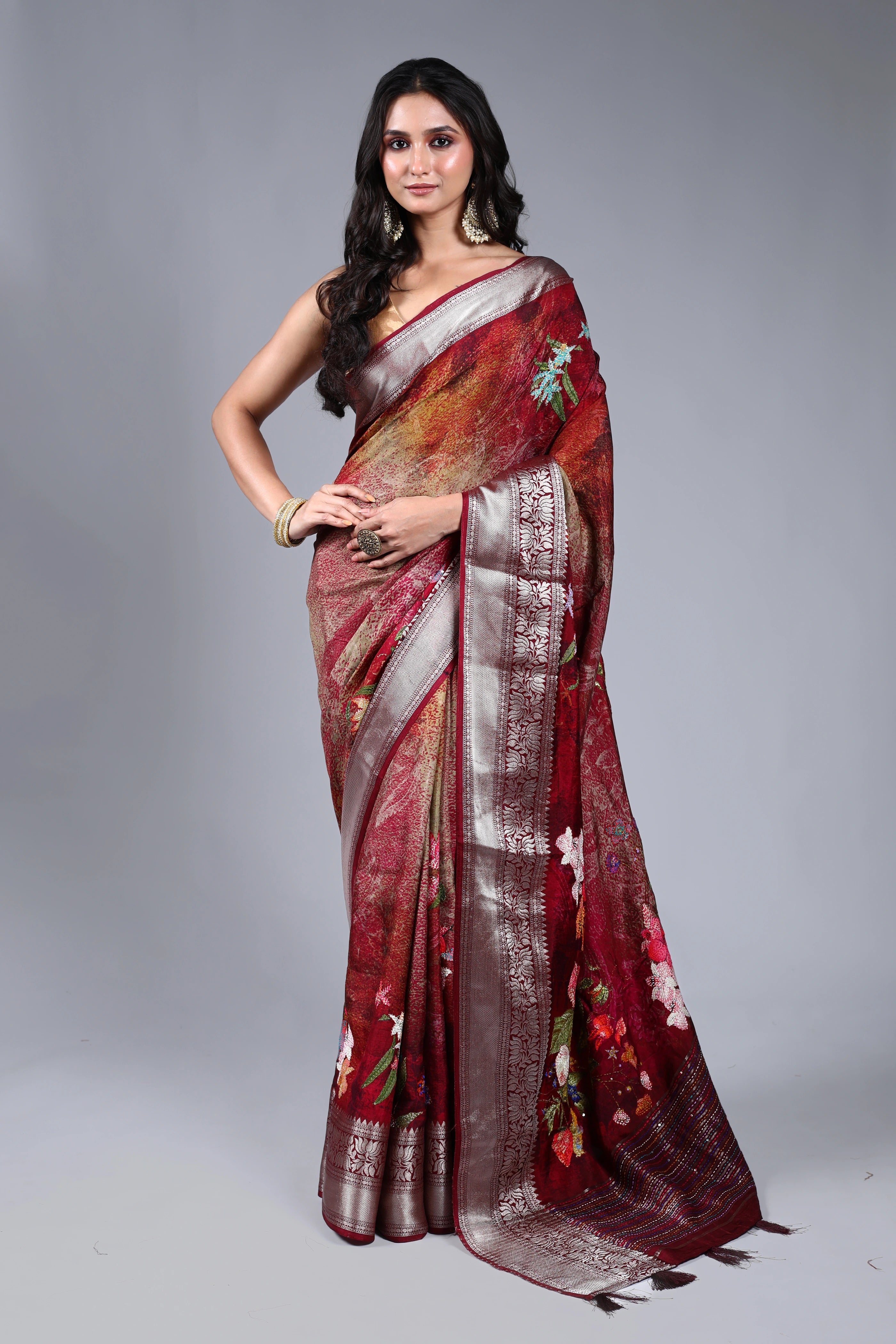 Maroon Semi Mashru Saree With Blouse Piece