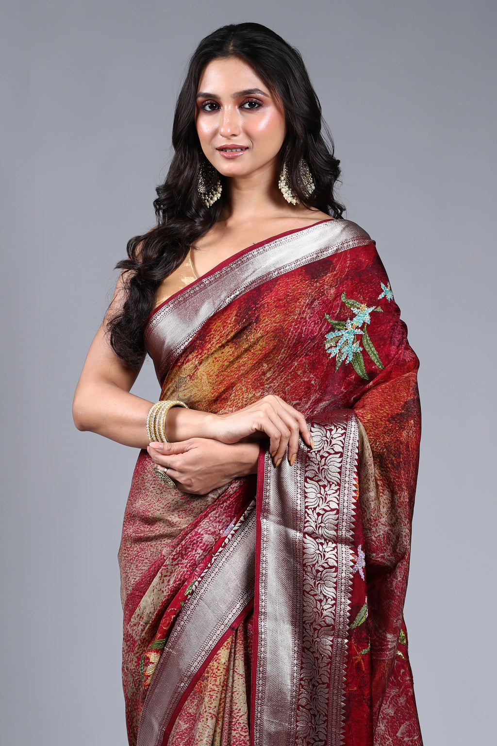 Maroon Semi Mashru Saree With Blouse Piece