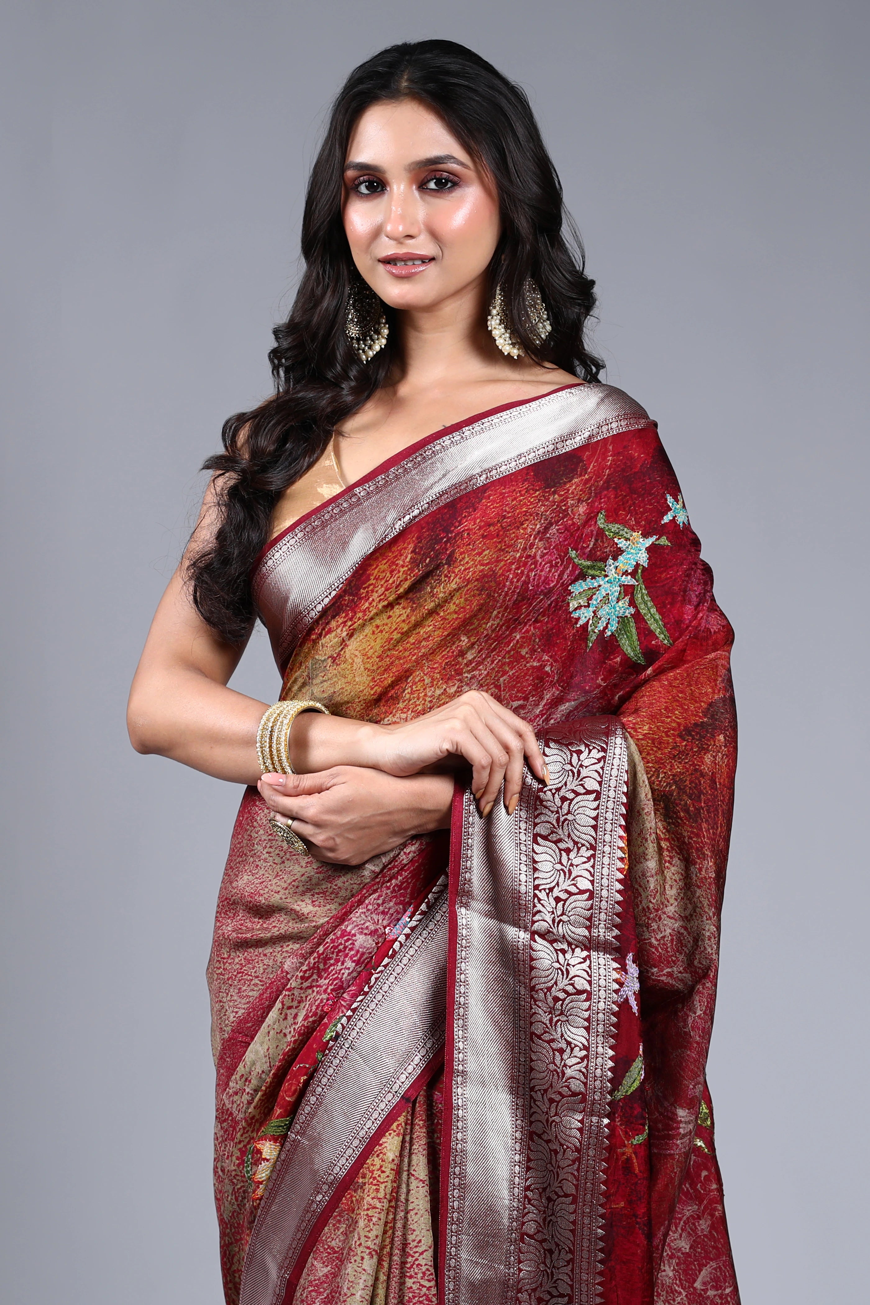 Maroon Semi Mashru Saree With Blouse Piece