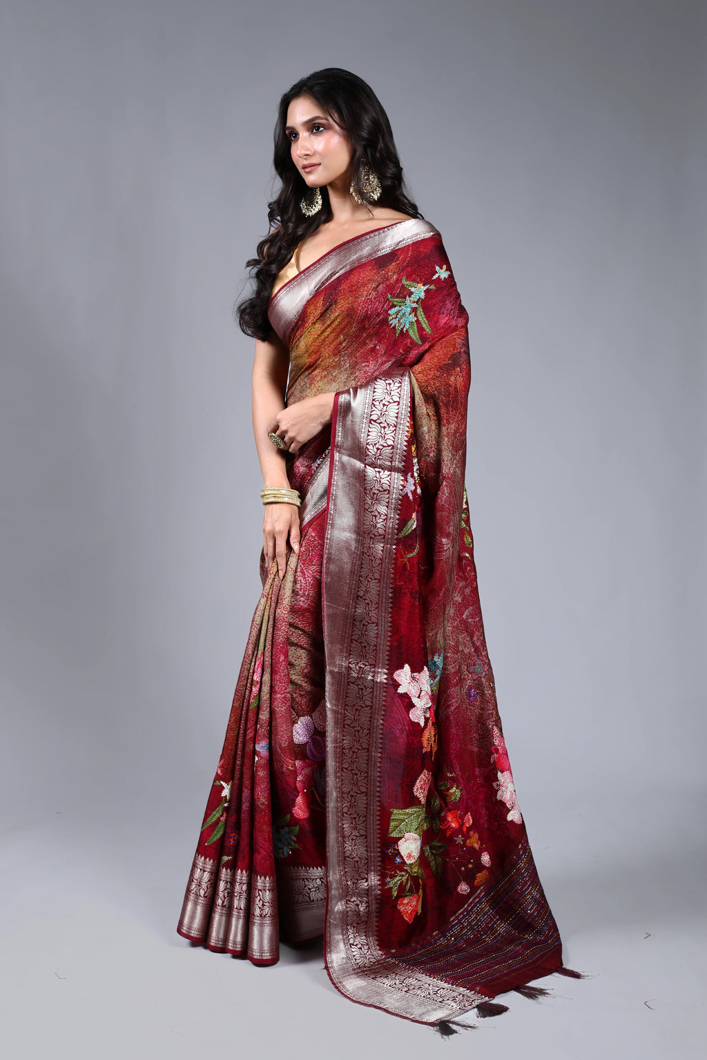 Maroon Semi Mashru Saree With Blouse Piece