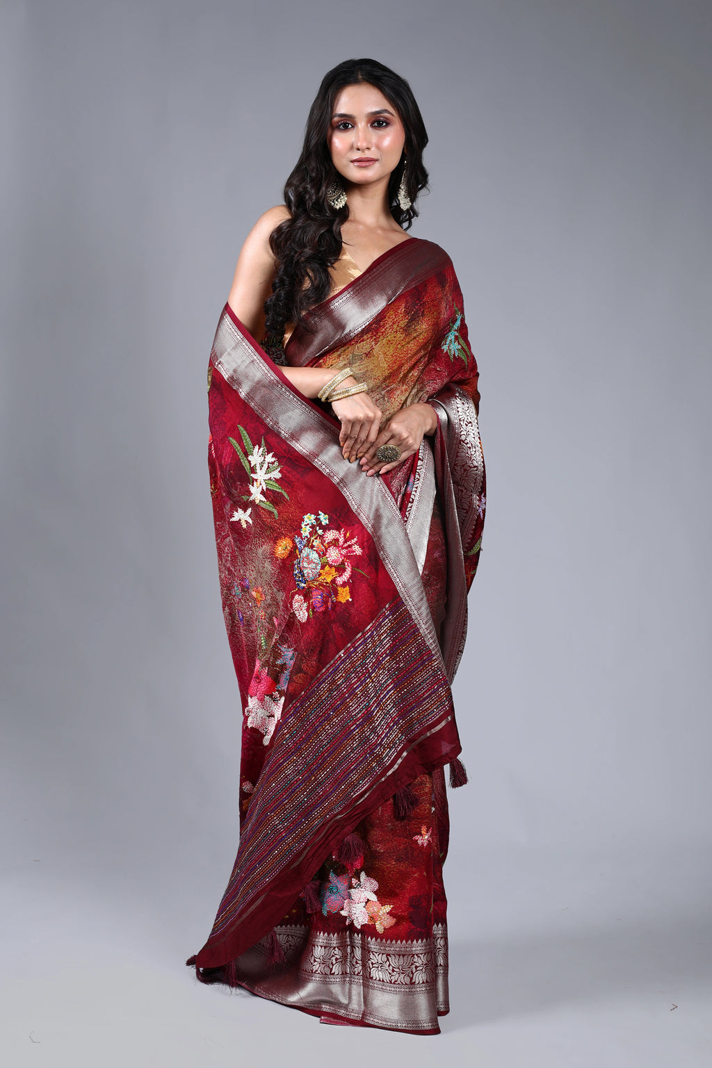 Maroon Semi Mashru Saree With Blouse Piece