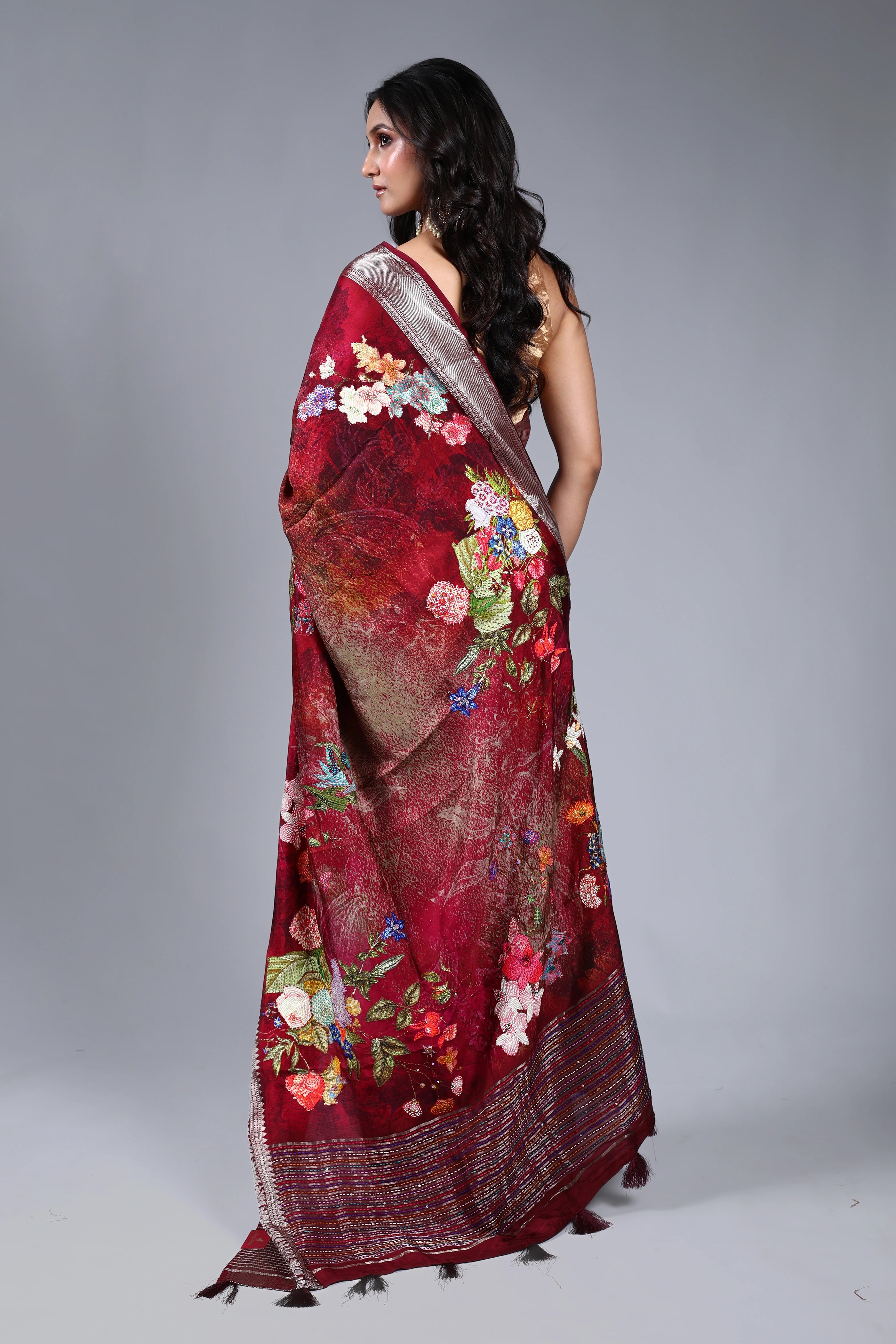 Maroon Semi Mashru Saree With Blouse Piece