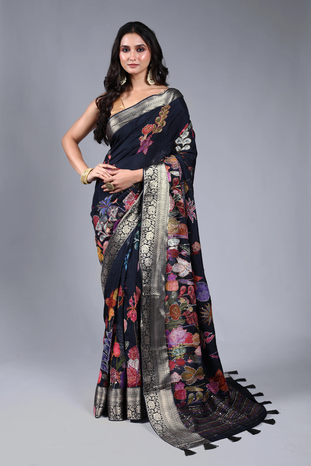 Charcoal Black Semi Mashru Saree With Blouse Piece