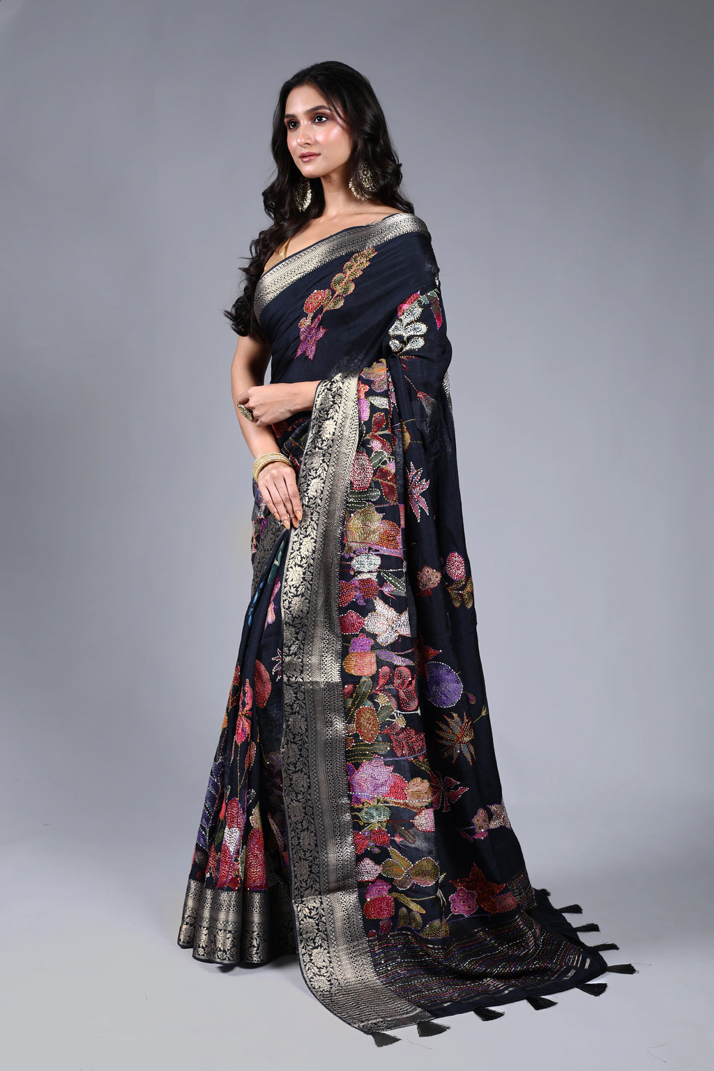 Charcoal Black Semi Mashru Saree With Blouse Piece
