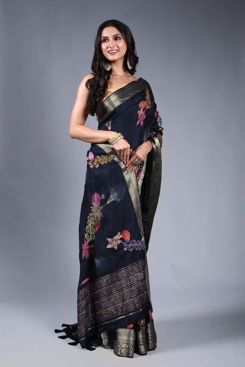 Charcoal Black Semi Mashru Saree With Blouse Piece