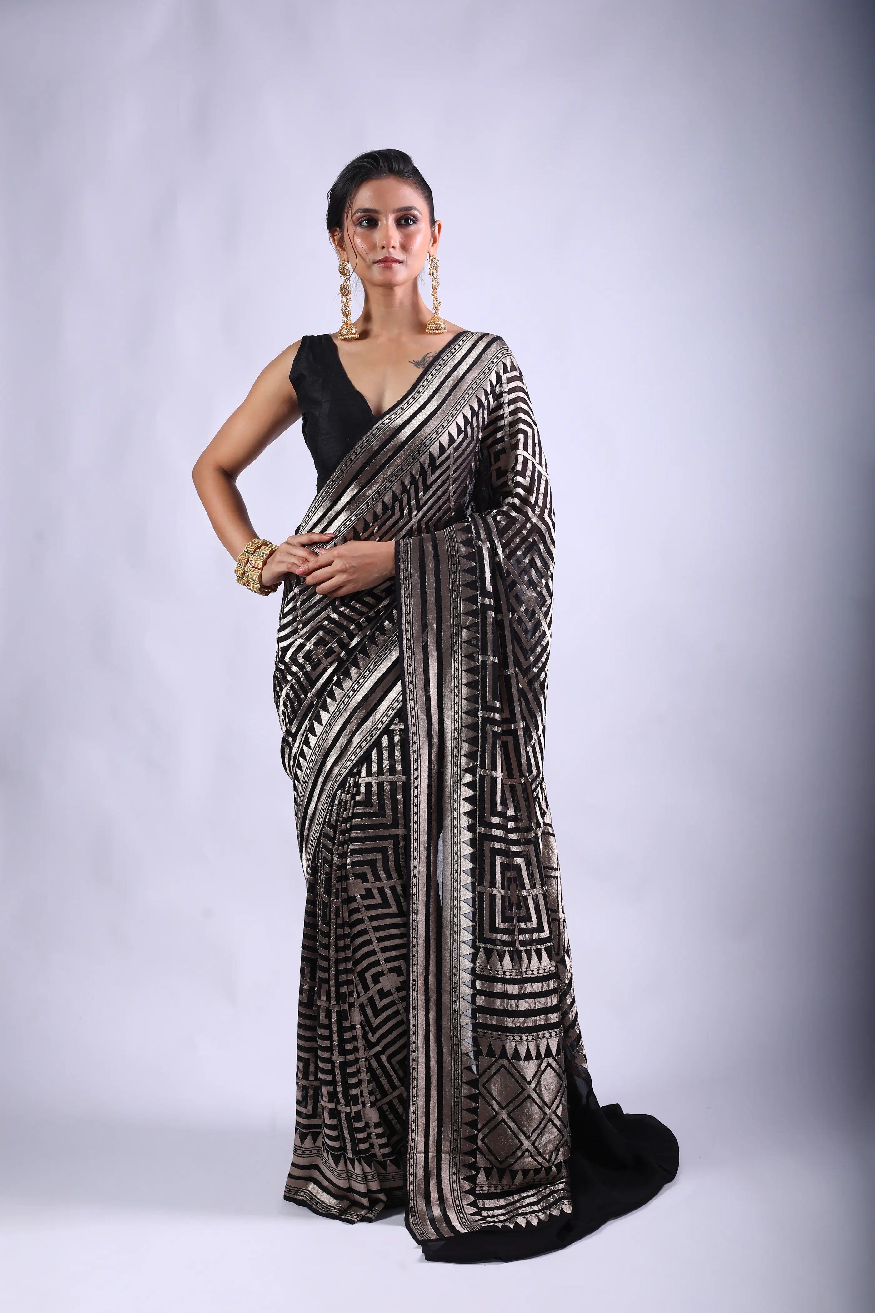 Black Khaddi Georgette Banarasi Saree With Blouse Piece