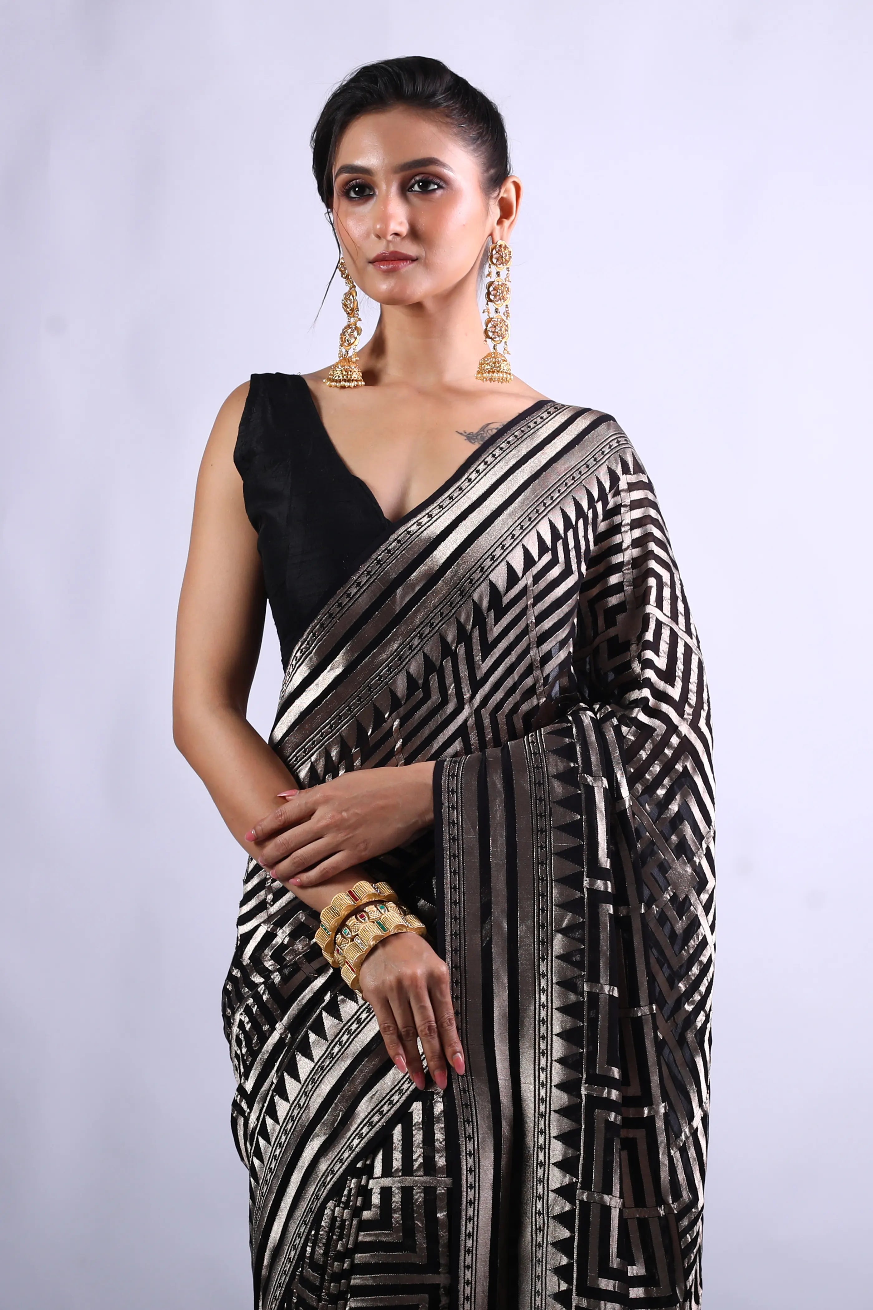 Black Khaddi Georgette Banarasi Saree With Blouse Piece