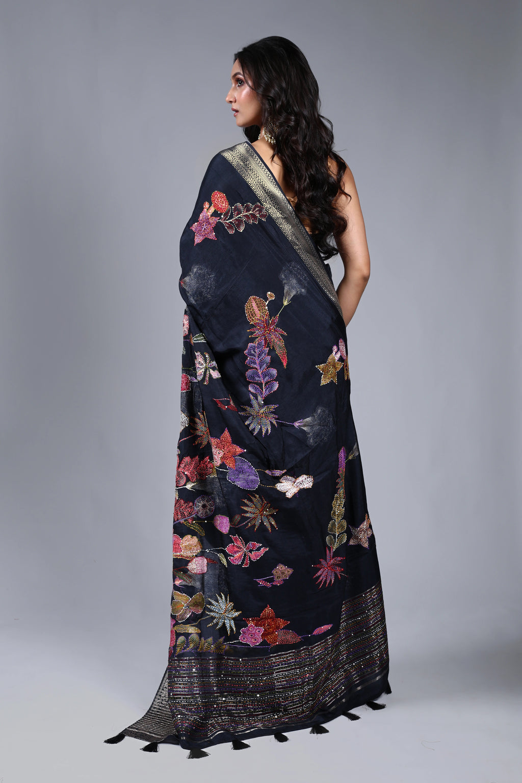 Charcoal Black Semi Mashru Saree With Blouse Piece