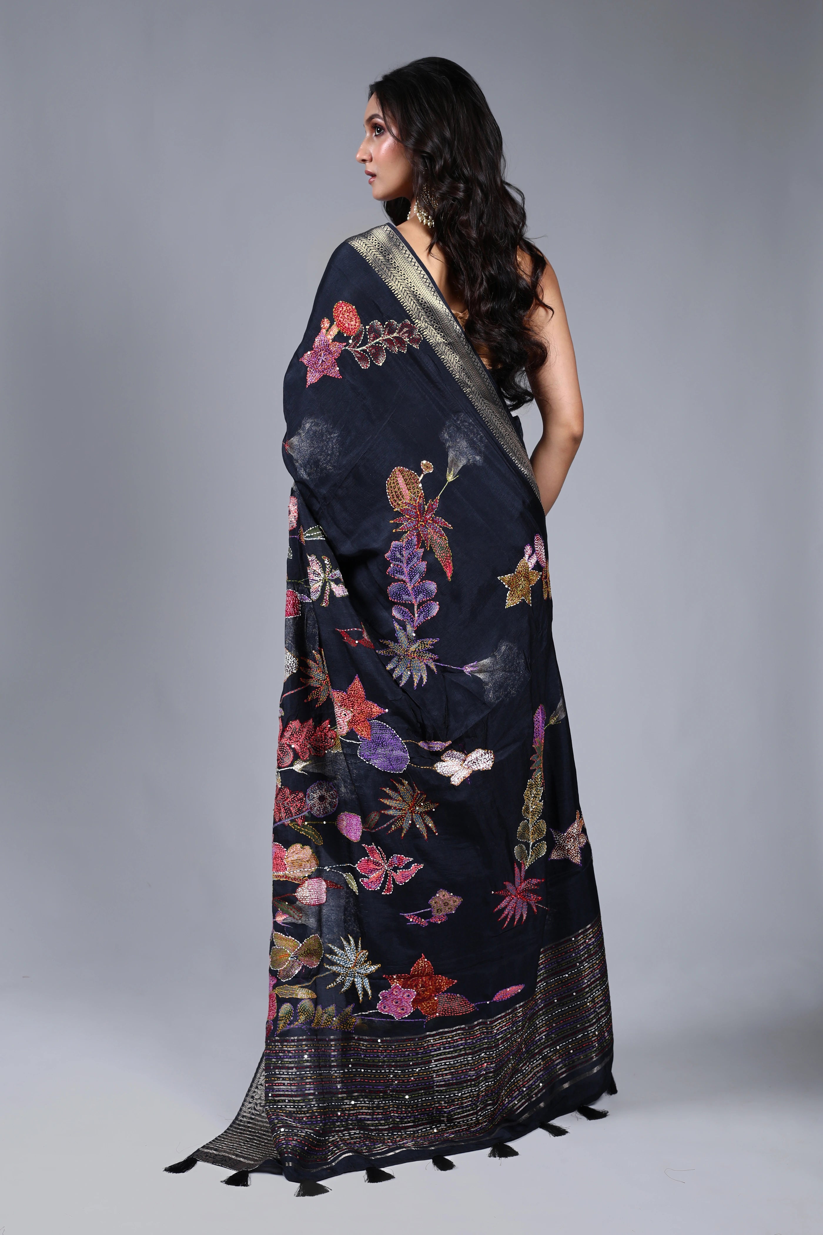 Charcoal Black Semi Mashru Saree With Blouse Piece