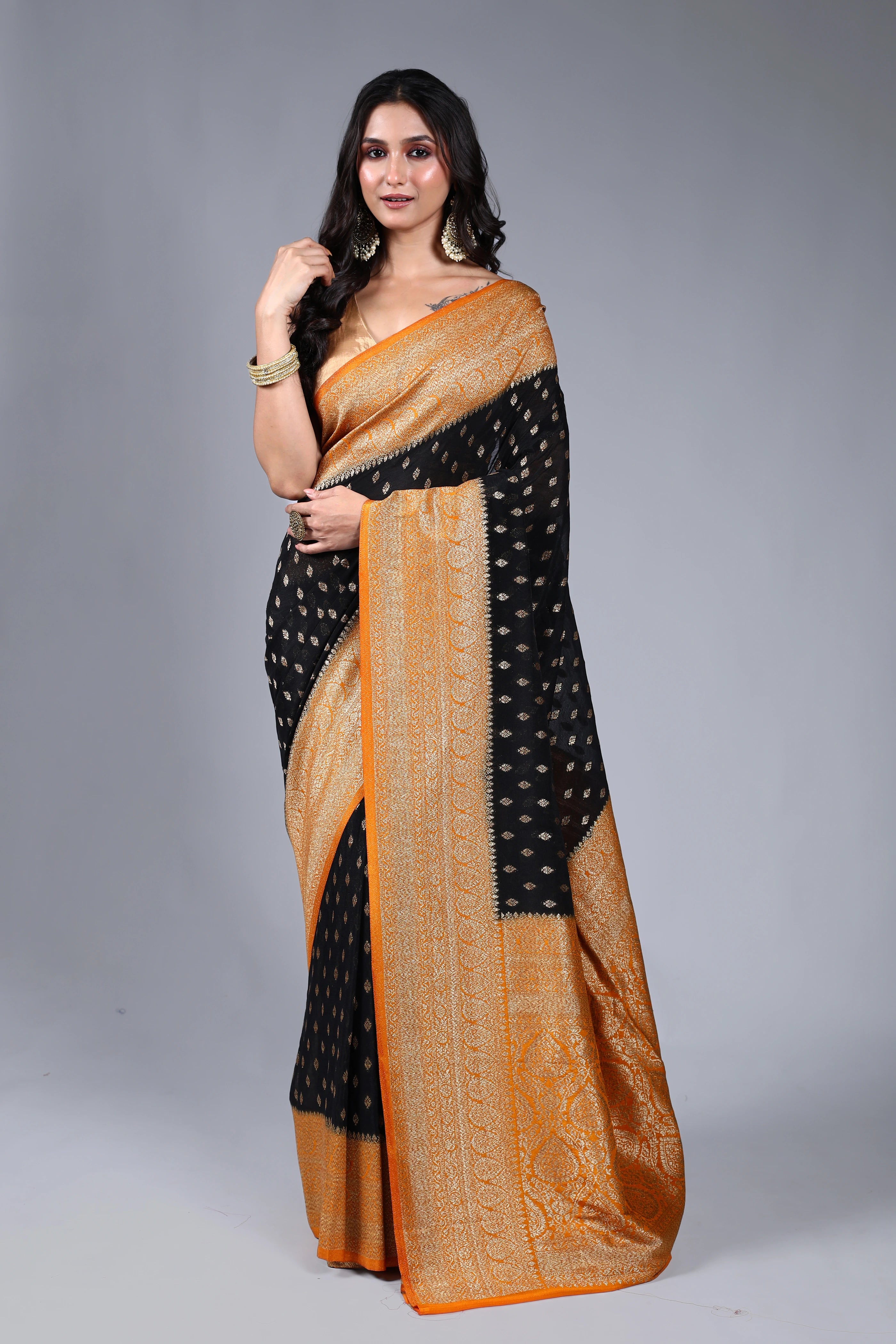Black Semi Chiffon Banarasi Saree With Blouse Piece