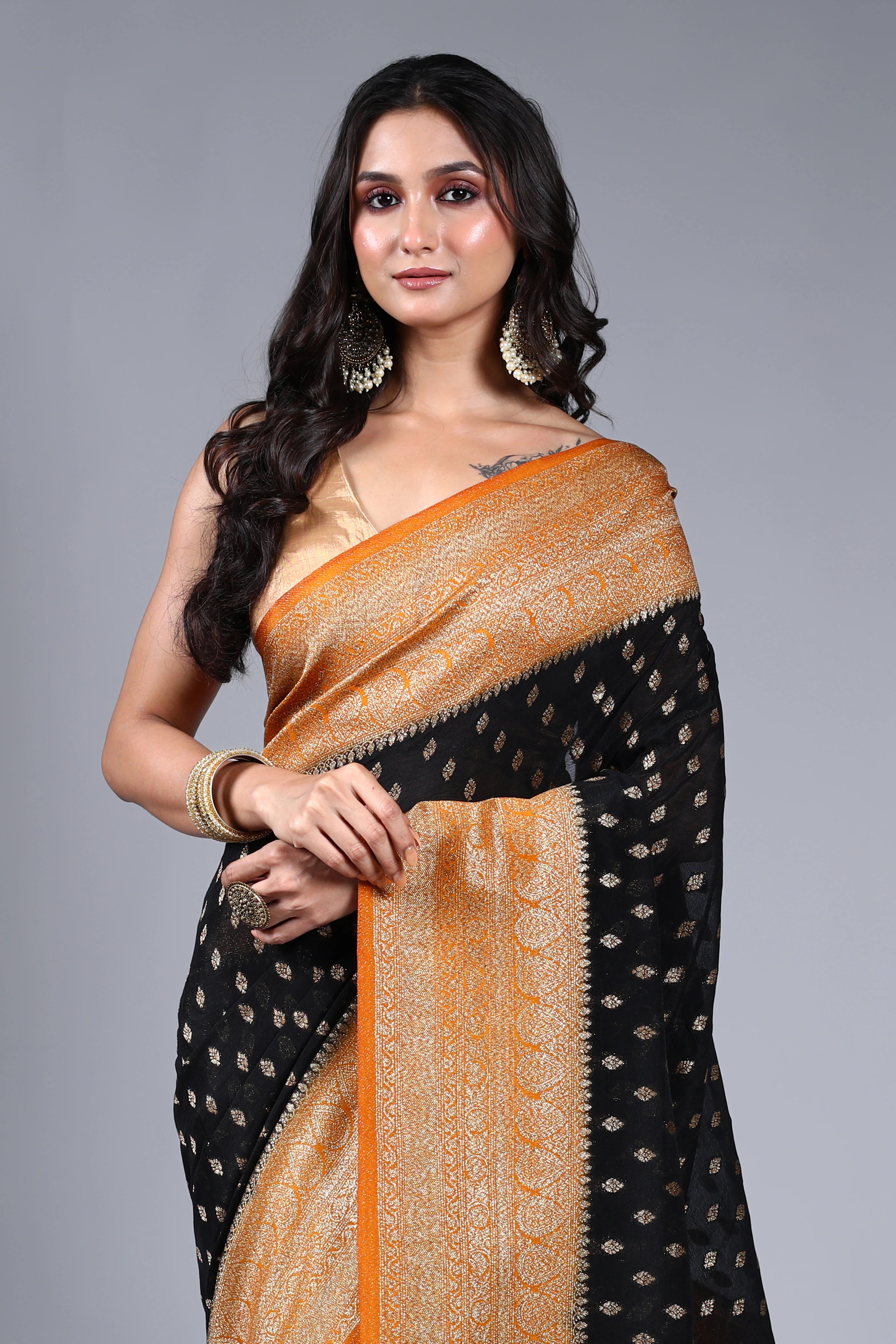 Black Semi Chiffon Banarasi Saree With Blouse Piece