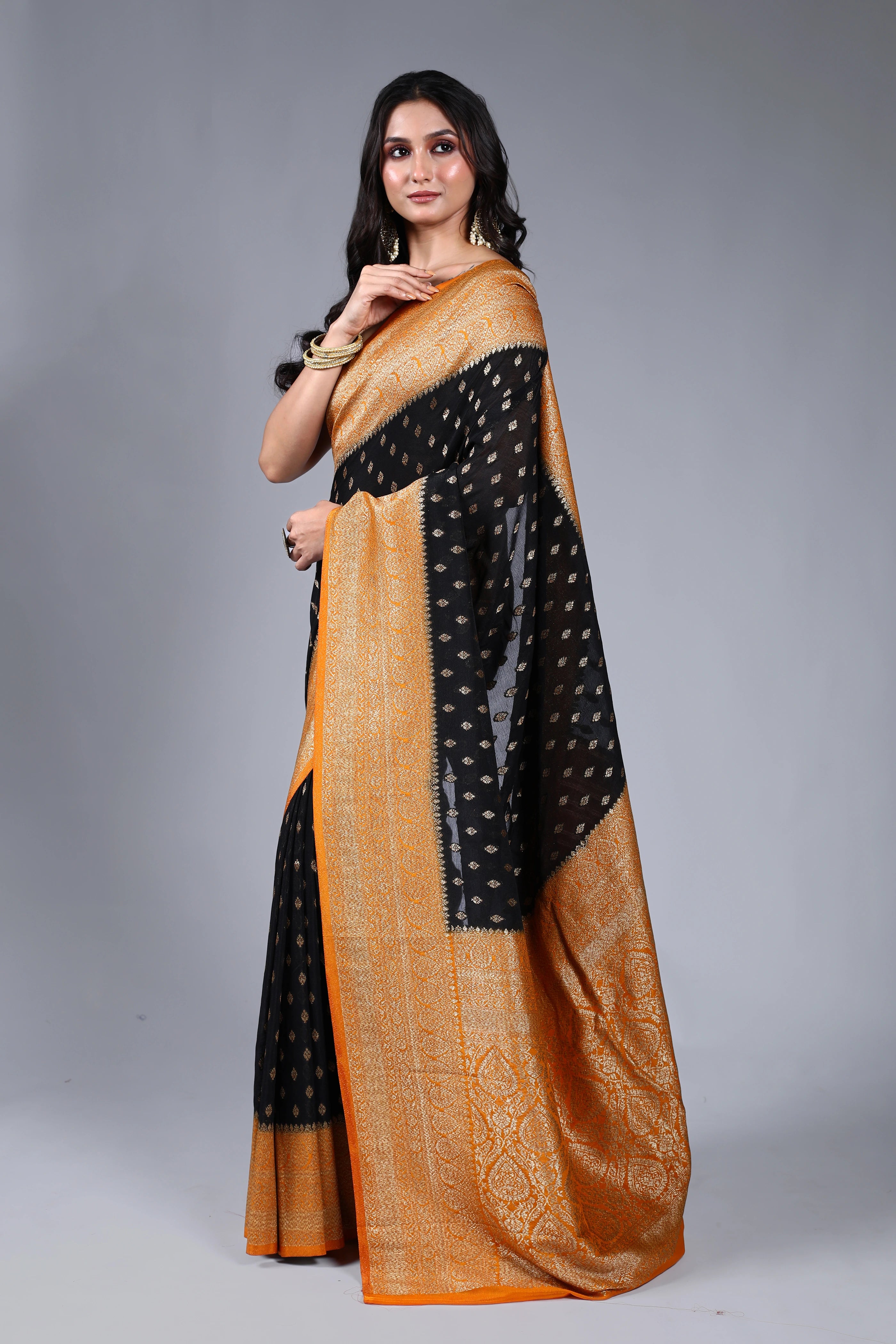 Black Semi Chiffon Banarasi Saree With Blouse Piece
