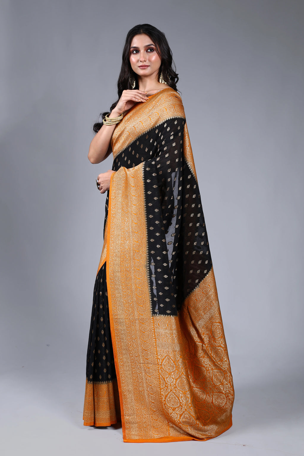 Black Semi Chiffon Banarasi Saree With Blouse Piece