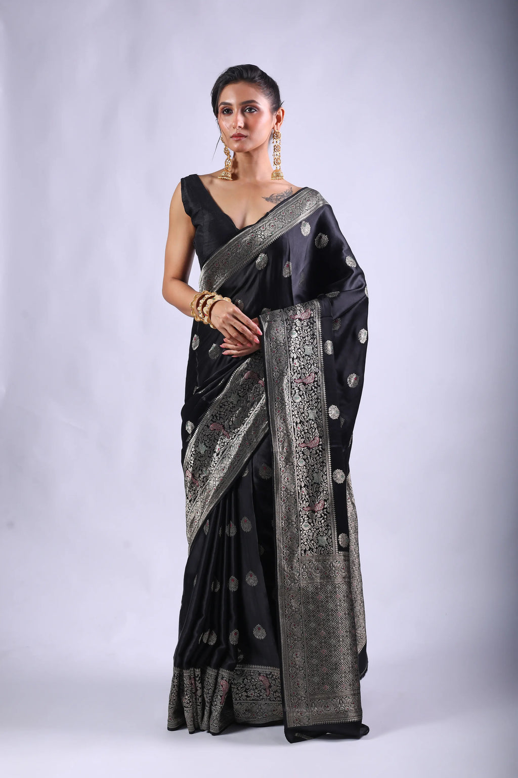 Black Semi Mashru Saree With Blouse Piece