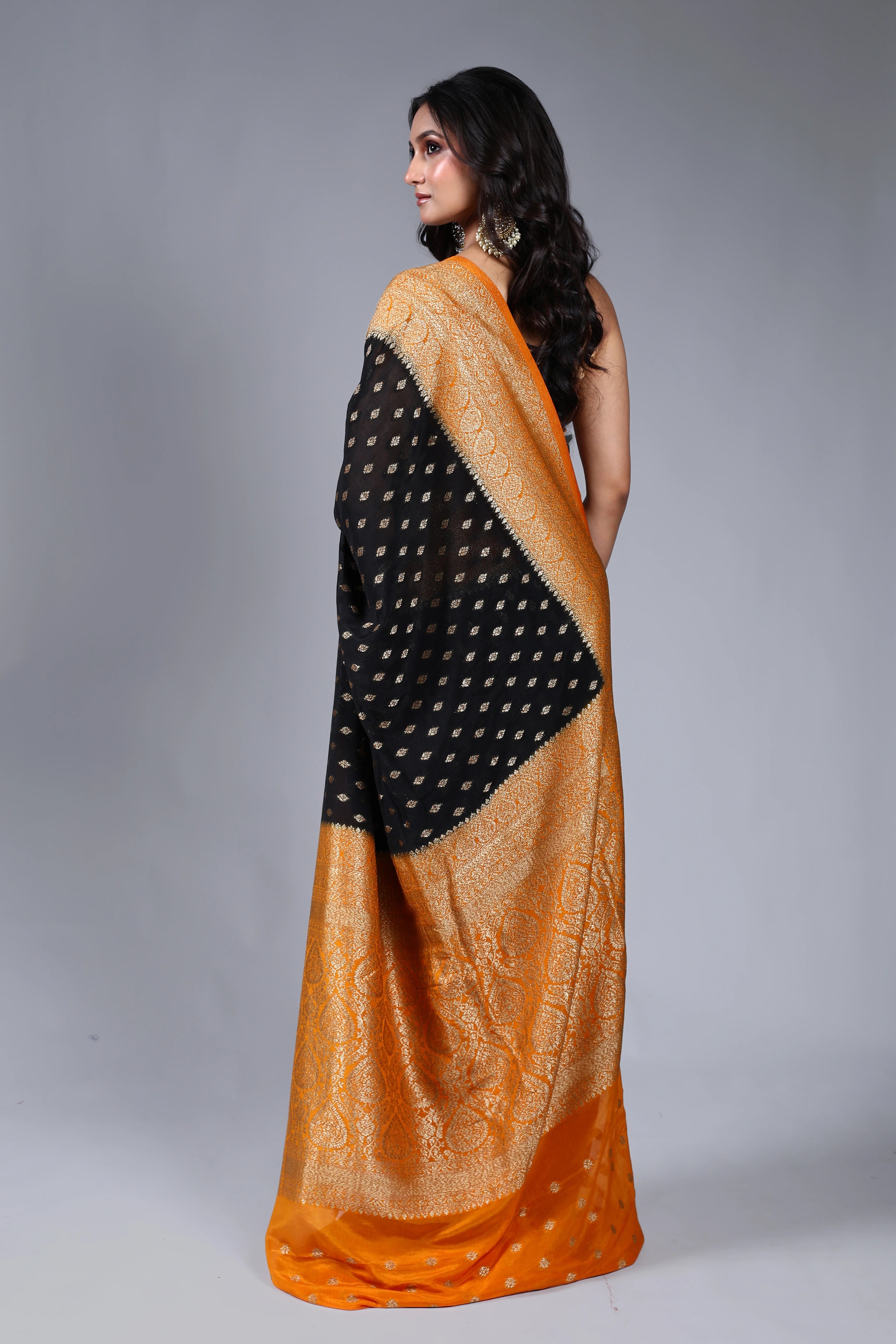 Black Semi Chiffon Banarasi Saree With Blouse Piece