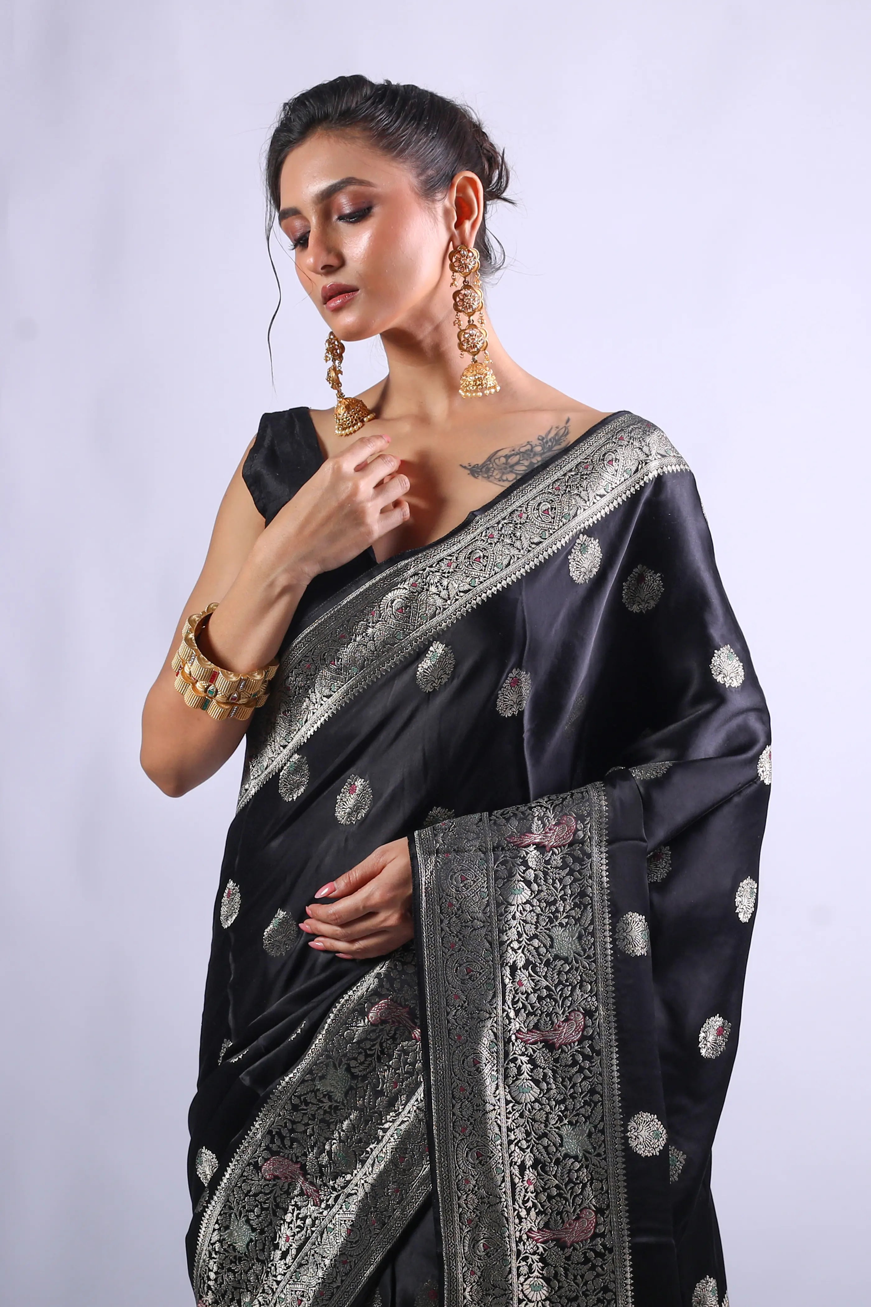Black Semi Mashru Saree With Blouse Piece