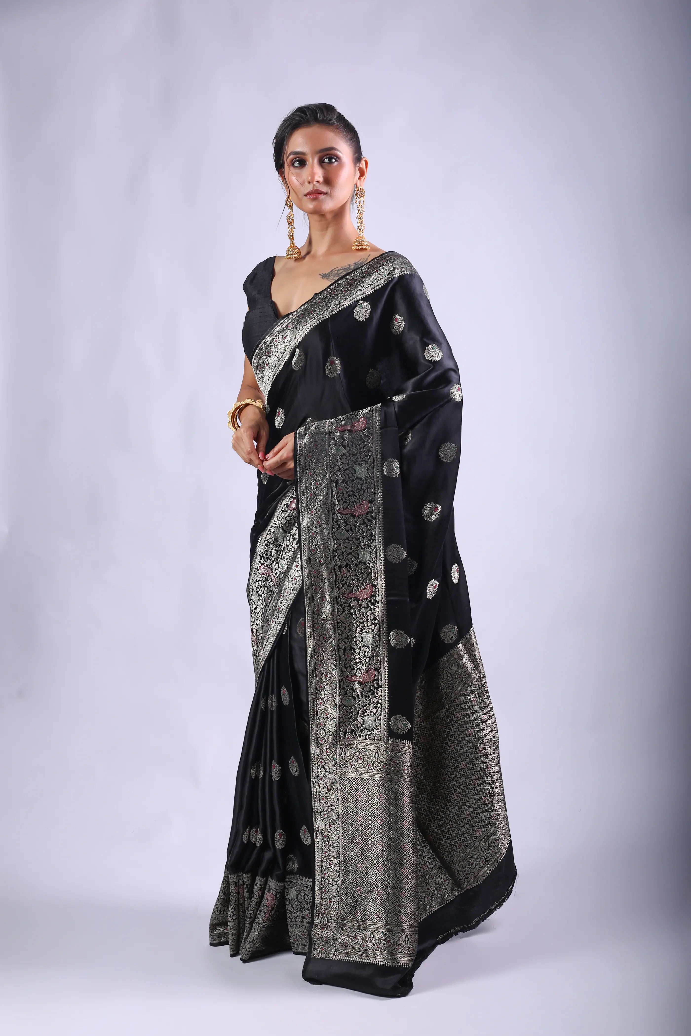 Black Semi Mashru Saree With Blouse Piece