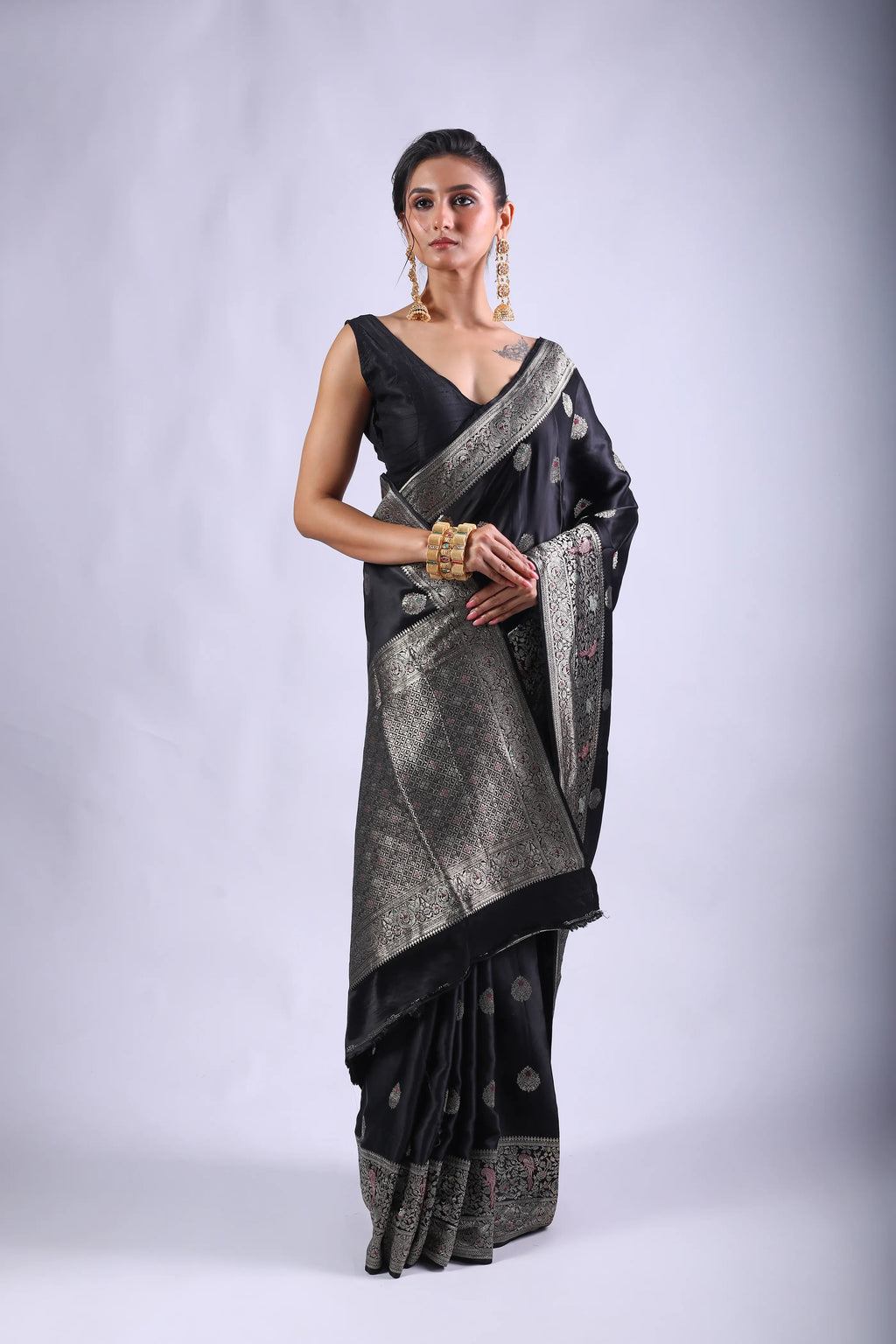 Black Semi Mashru Saree With Blouse Piece