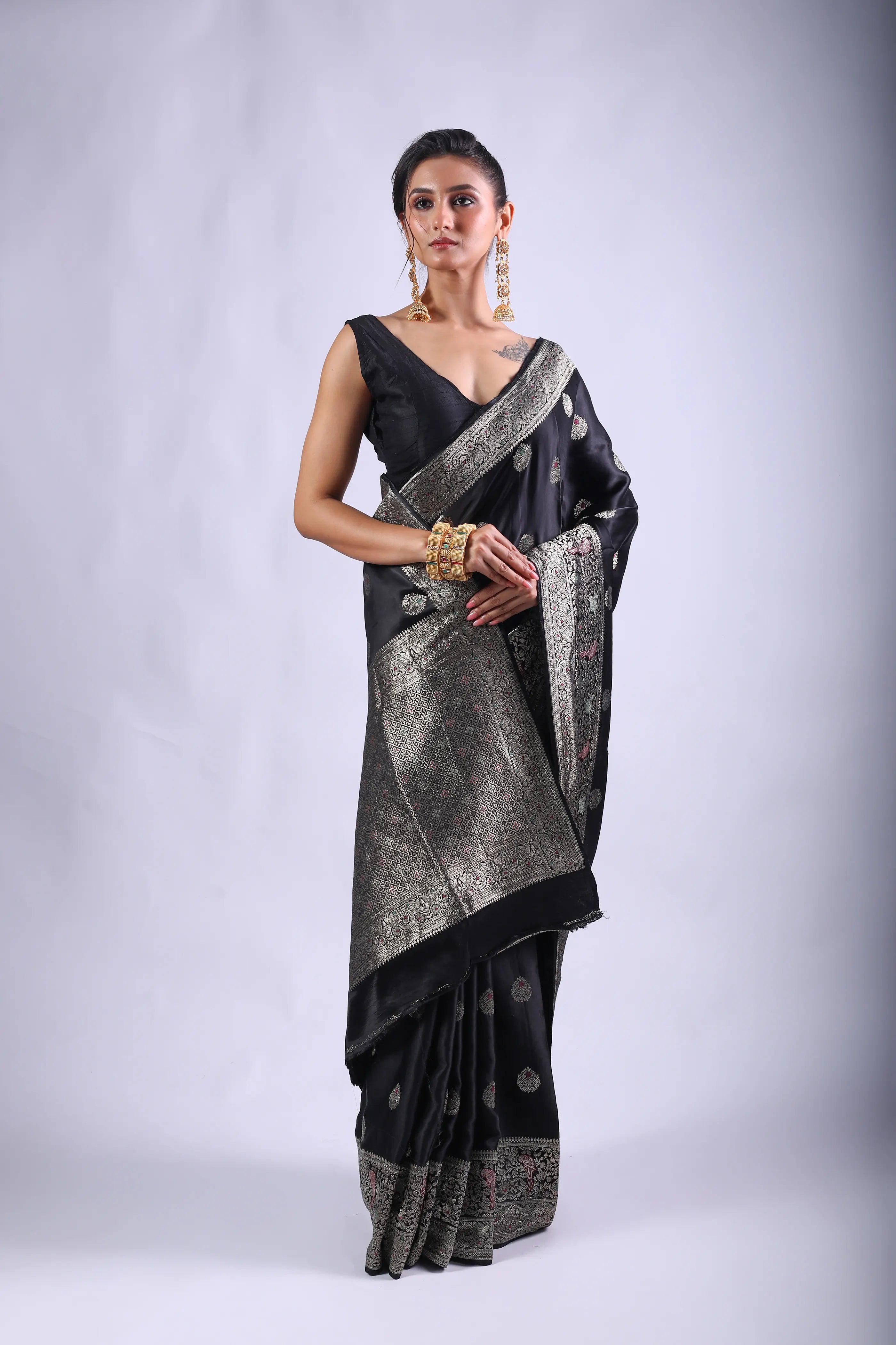 Black Semi Mashru Saree With Blouse Piece