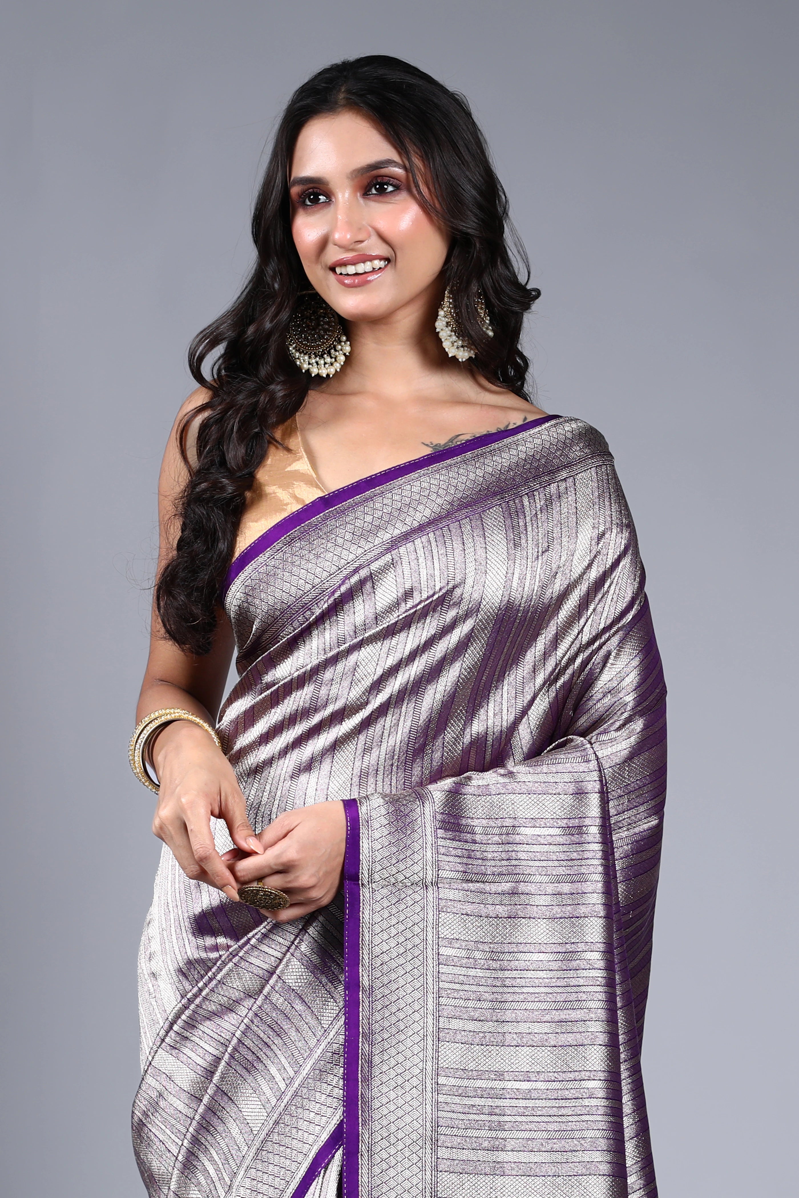 Purple Semi Mashru Saree With Blouse Piece