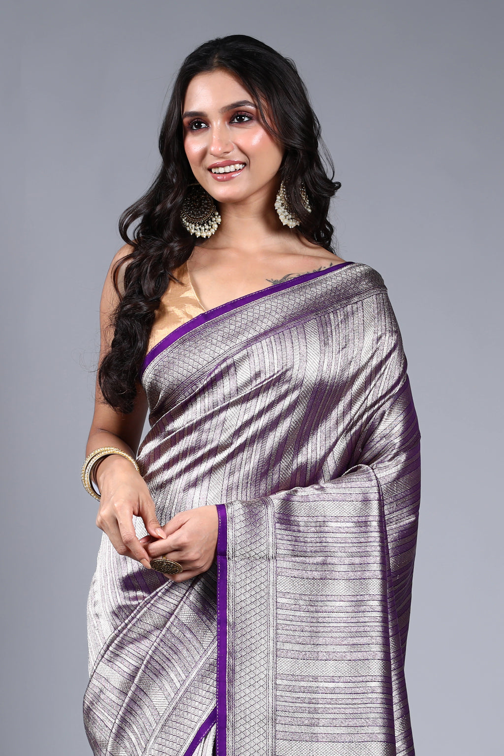 Purple Semi Mashru Saree With Blouse Piece