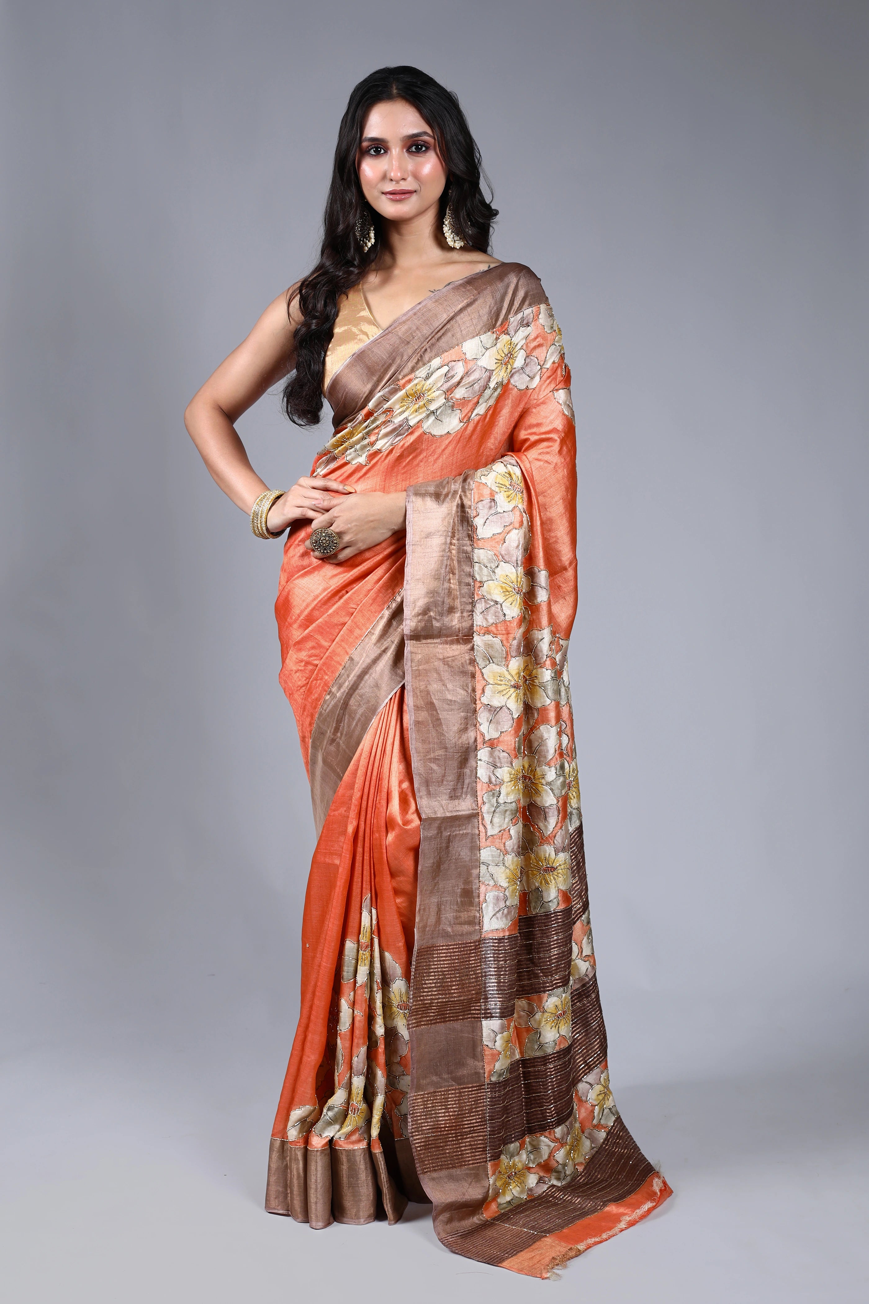 Peach Tussar Cutdana Embroidery Saree With Blouse Piece
