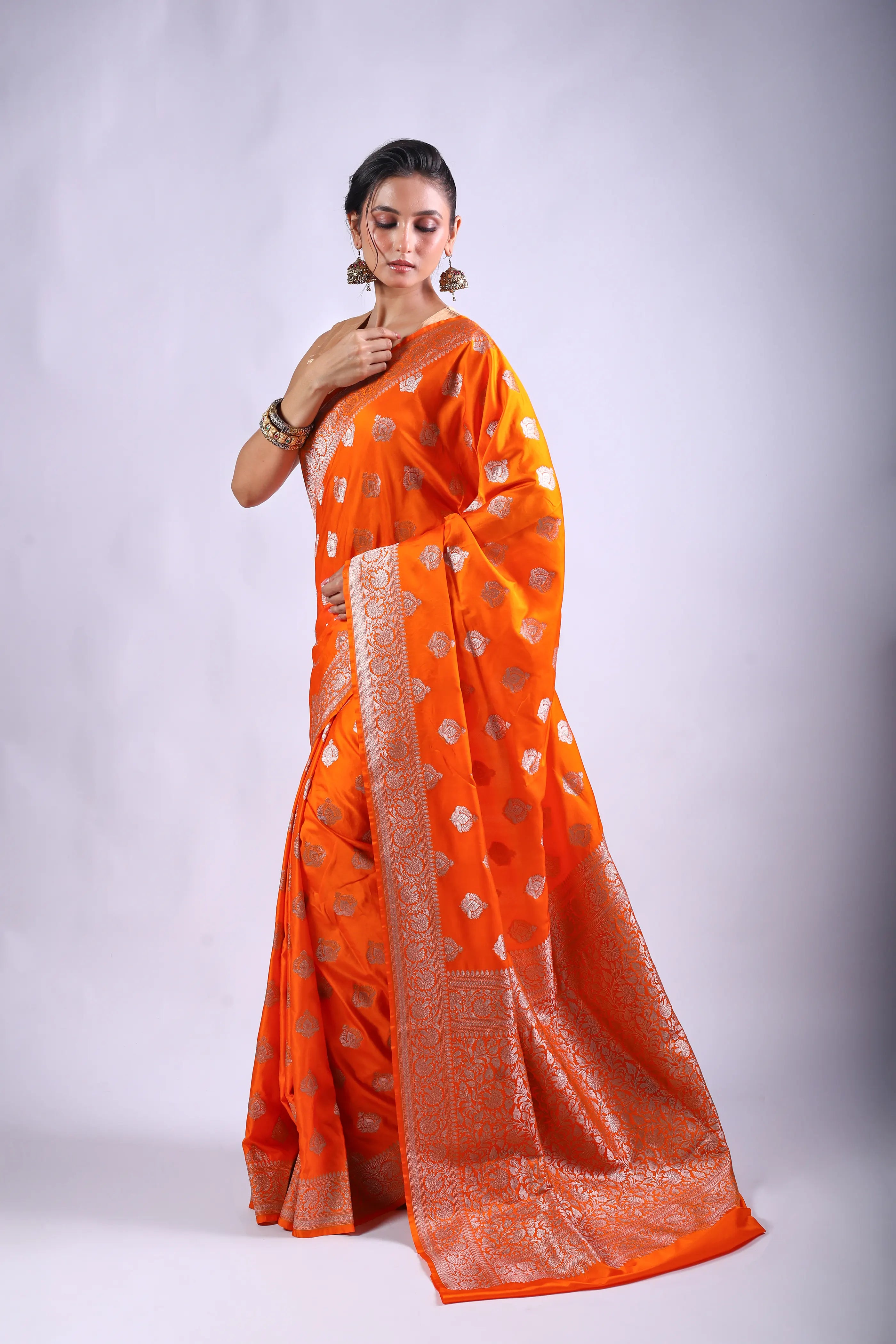 Orange Semi Mashru Saree With Blouse Piece