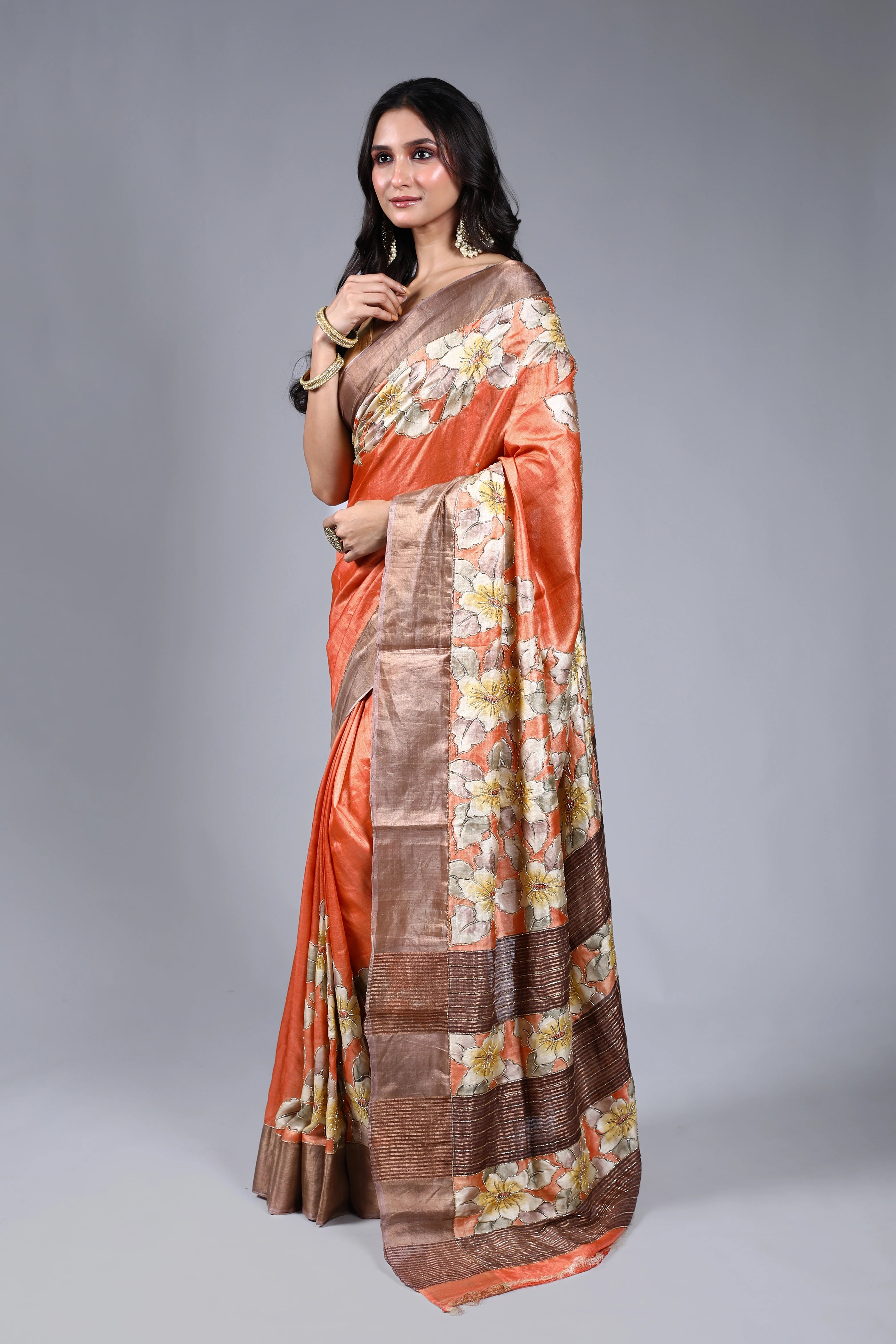 Peach Tussar Cutdana Embroidery Saree With Blouse Piece