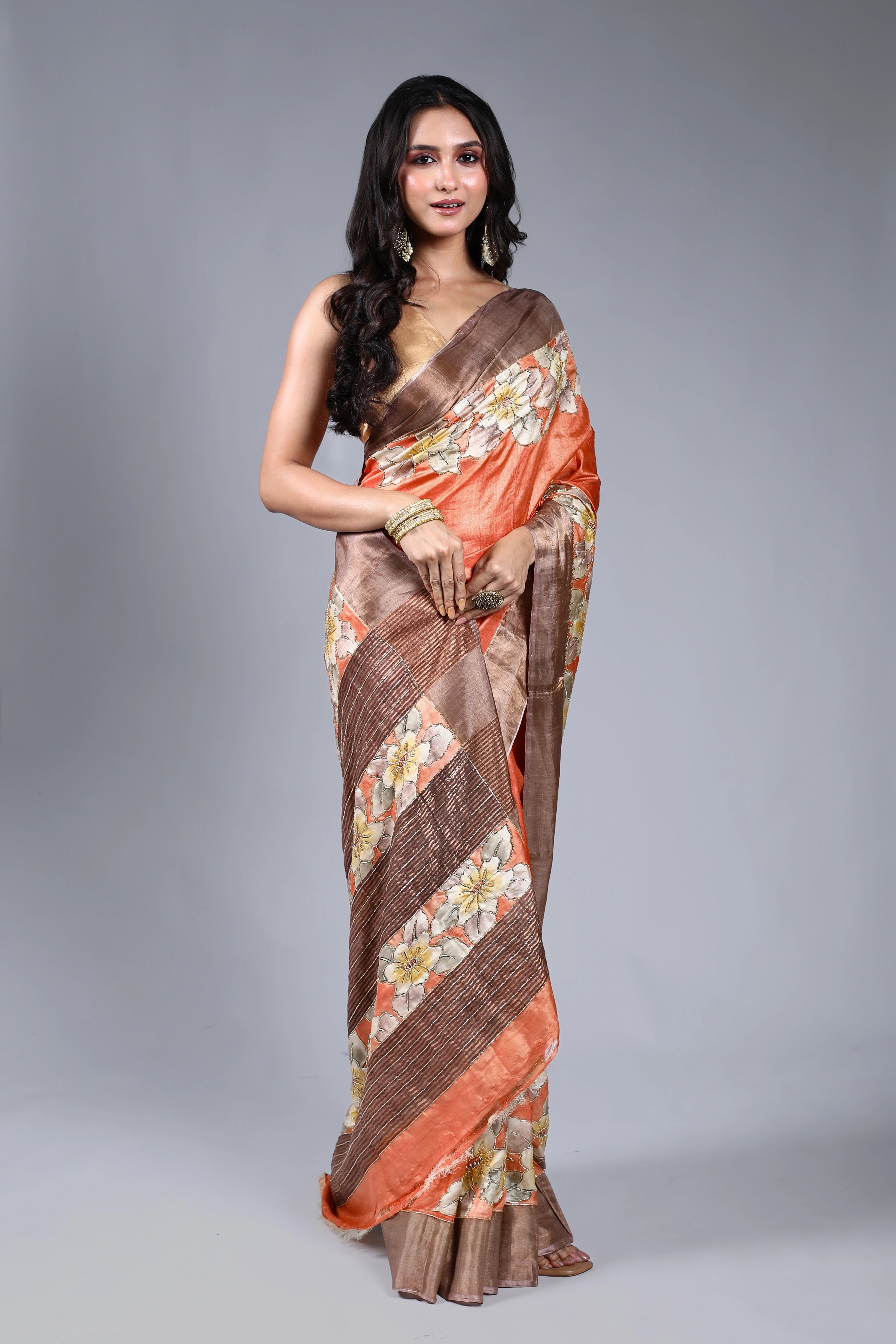 Peach Tussar Cutdana Embroidery Saree With Blouse Piece