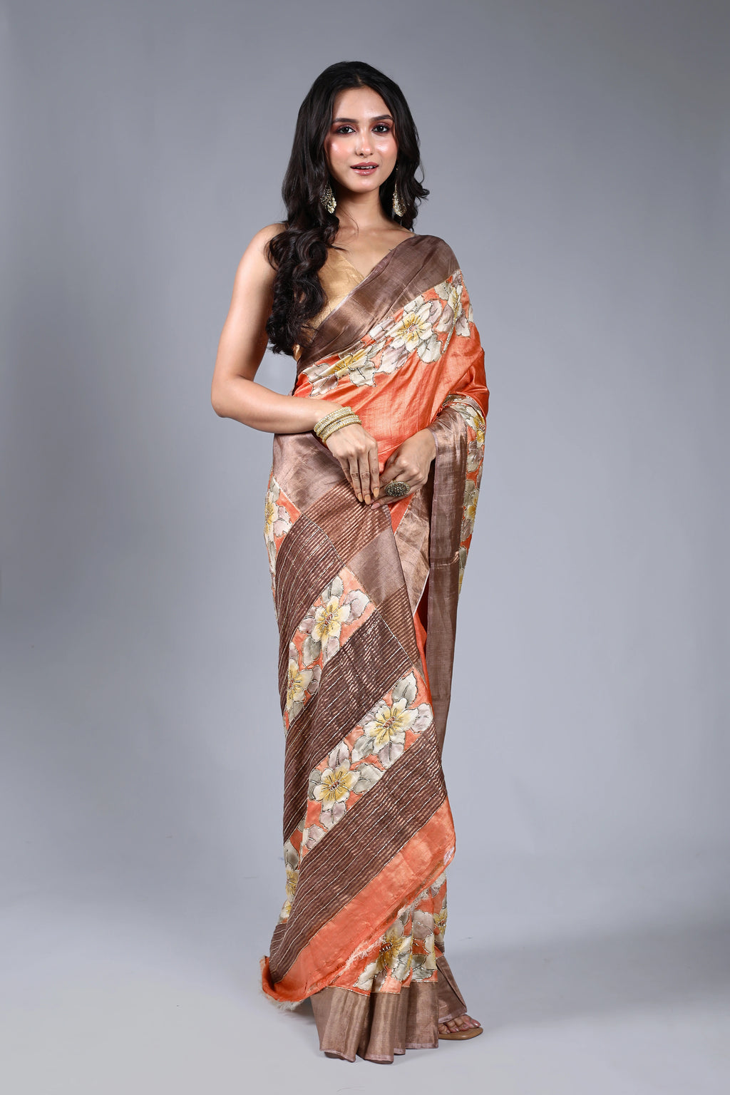 Peach Tussar Cutdana Embroidery Saree With Blouse Piece