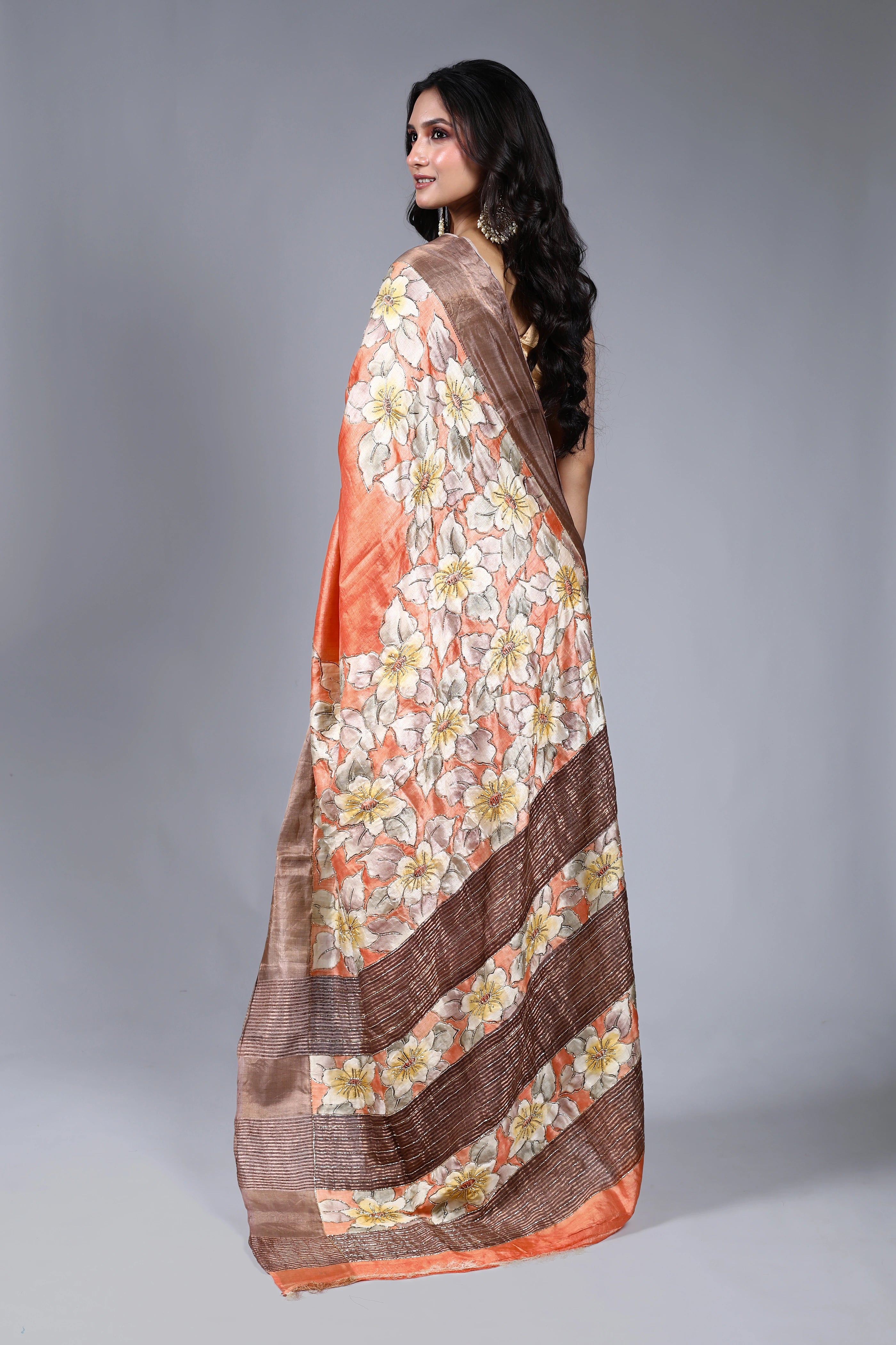 Peach Tussar Cutdana Embroidery Saree With Blouse Piece