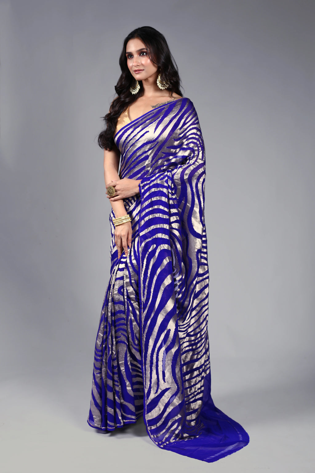 Navy Blue Khaddi Banarasi Saree With Blouse Piece