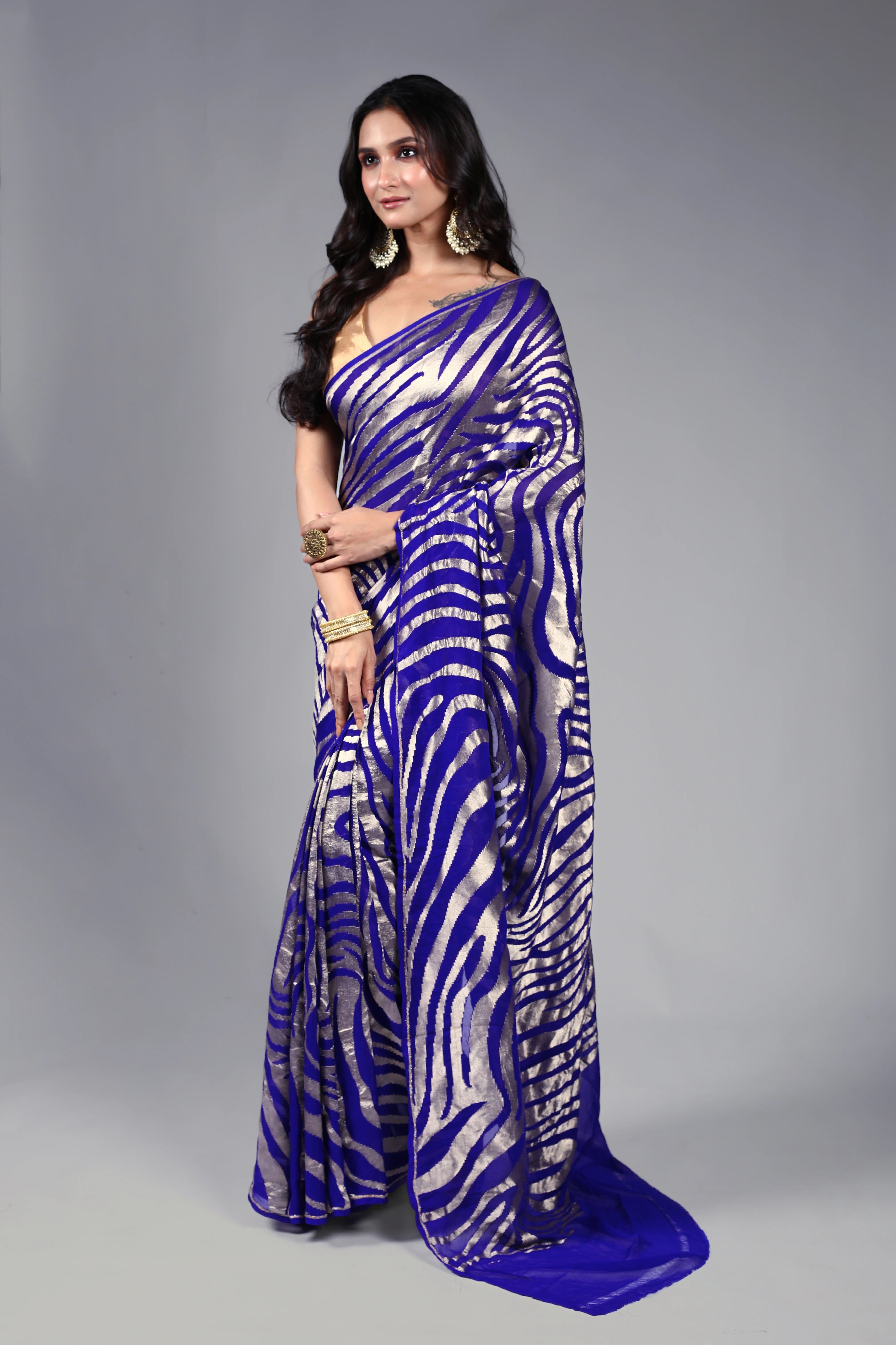 Navy Blue Khaddi Banarasi Saree With Blouse Piece