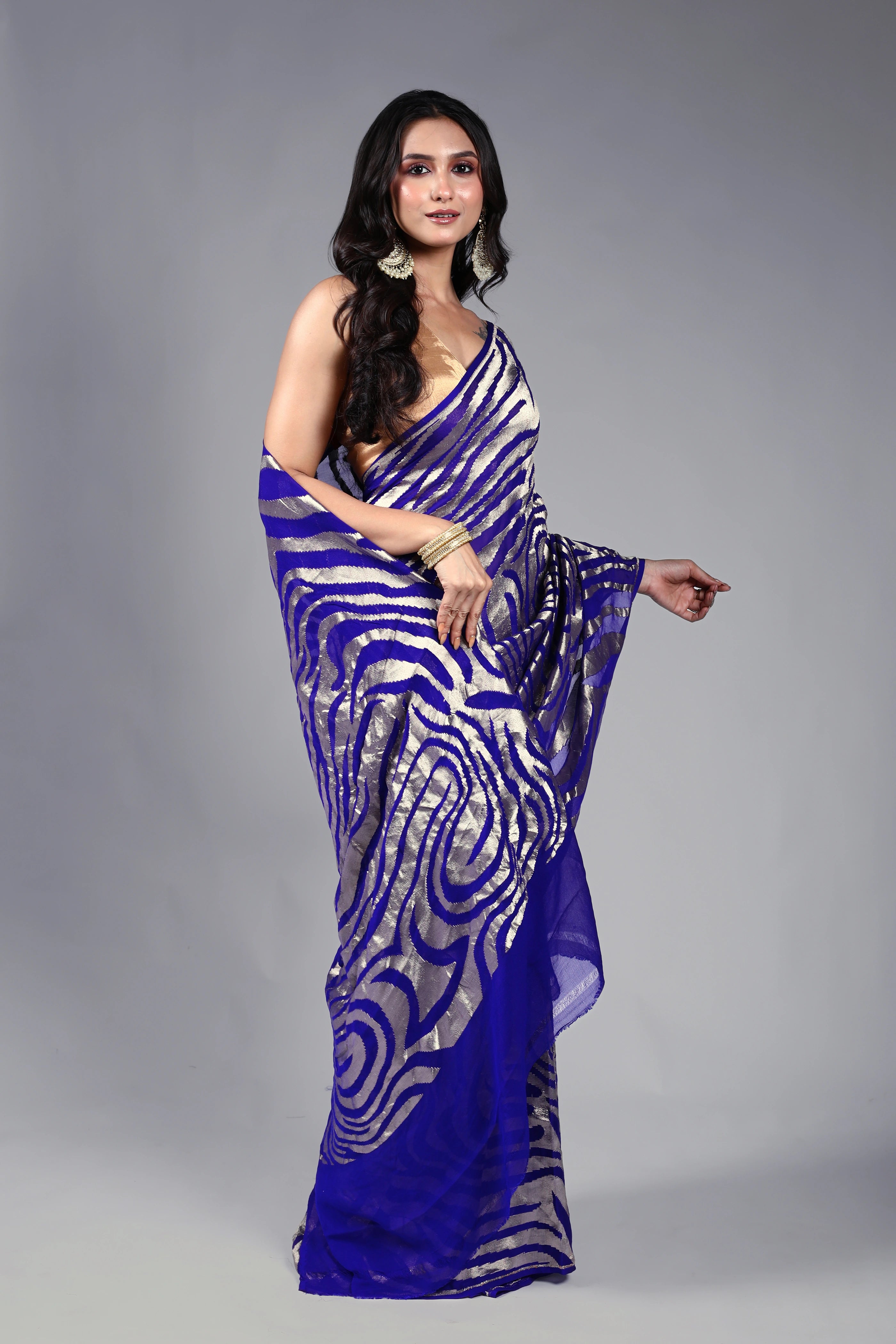Navy Blue Khaddi Banarasi Saree With Blouse Piece