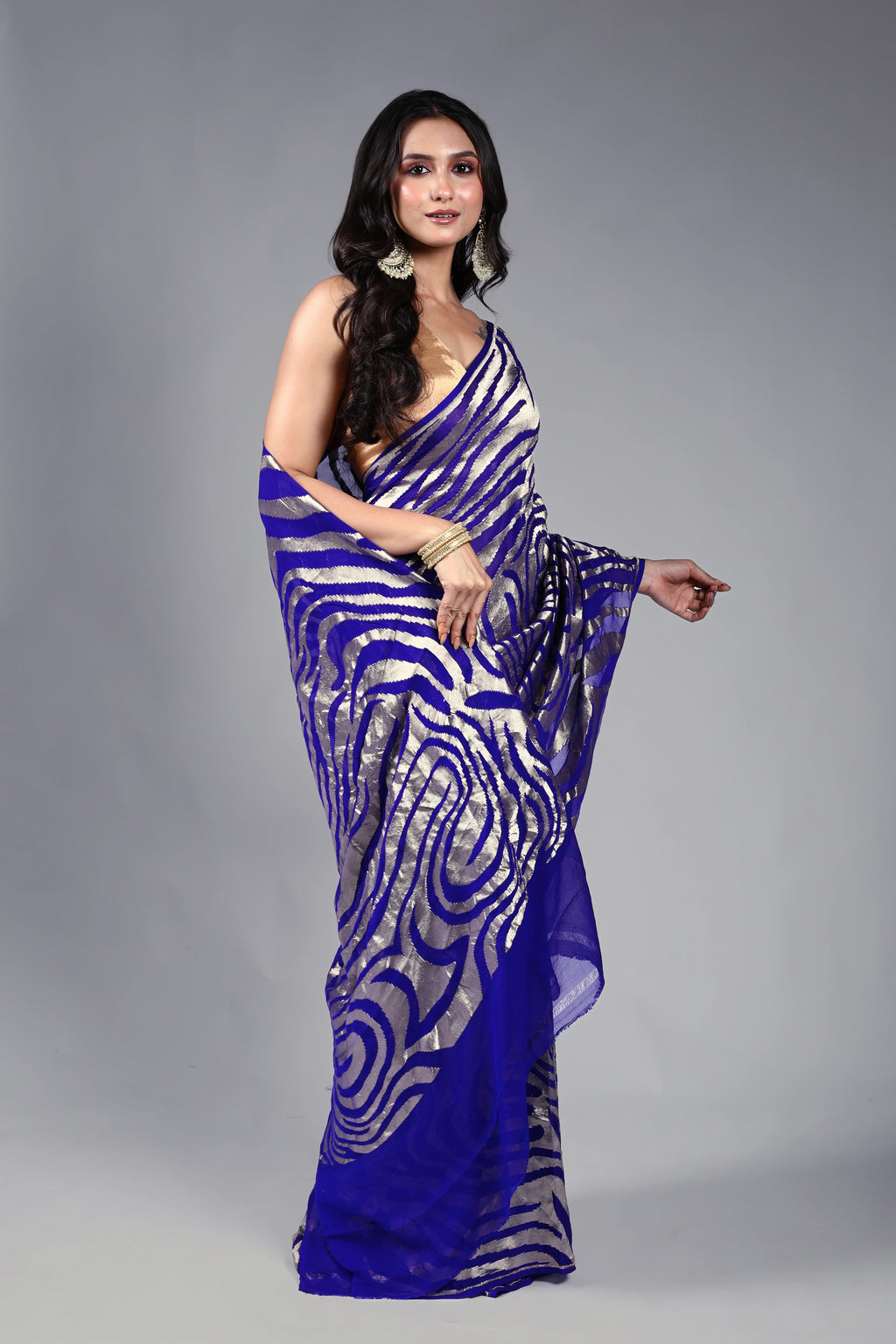Navy Blue Khaddi Banarasi Saree With Blouse Piece