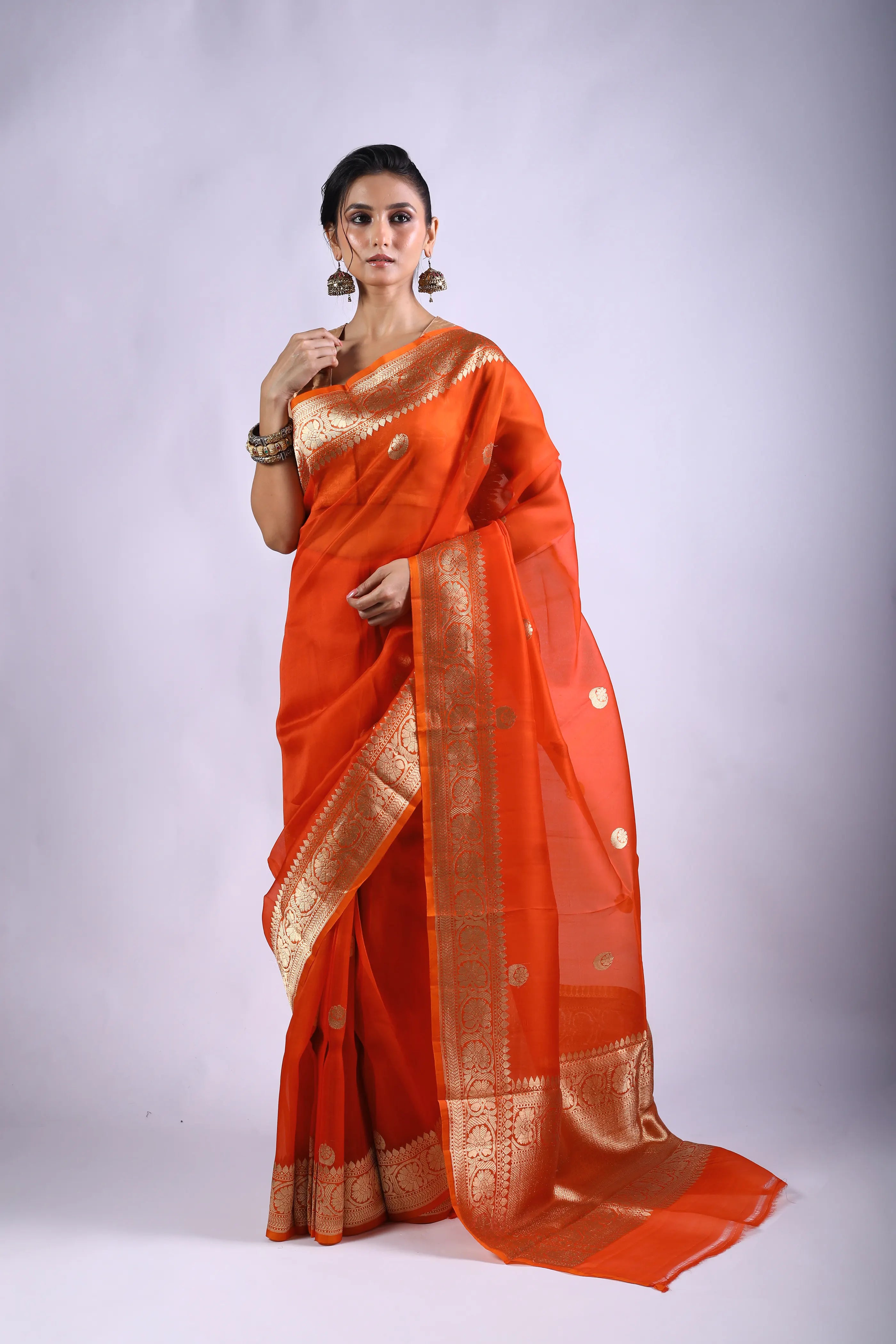 Orange Chand Tara Kora Banarasi Saree With Blouse Piece