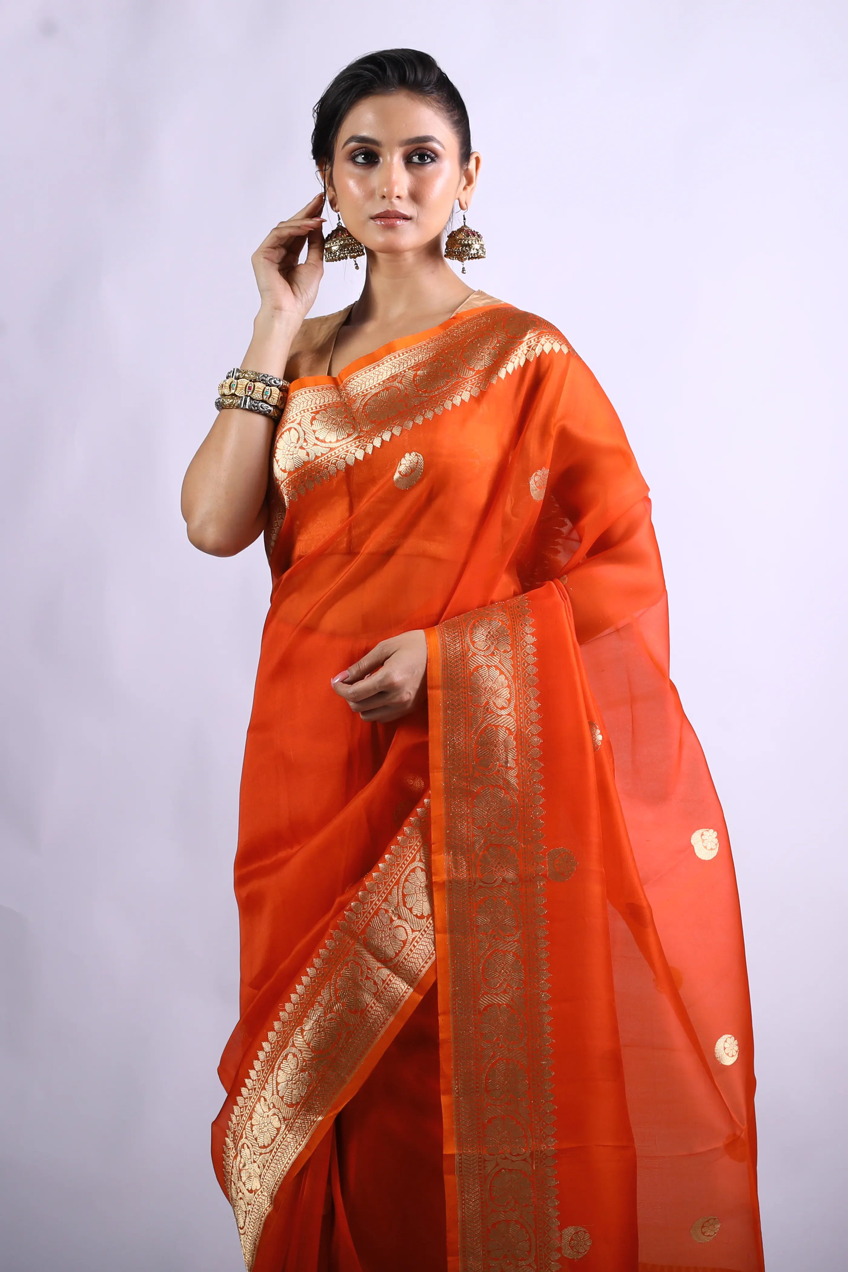 Orange Chand Tara Kora Banarasi Saree With Blouse Piece