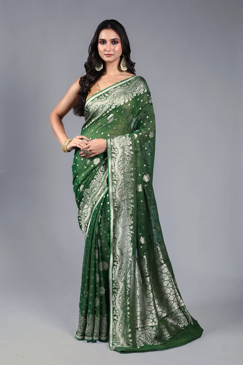 Dark Bottle Green Semi Khaddi Saree With Blouse Piece