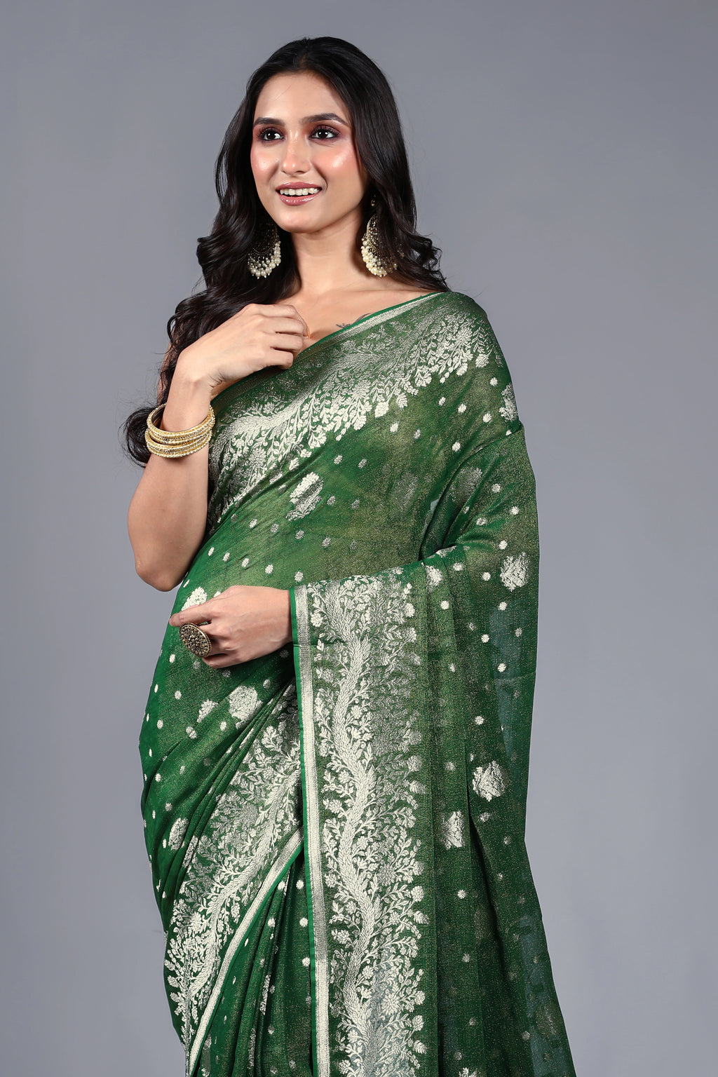 Dark Bottle Green Semi Khaddi Saree With Blouse Piece