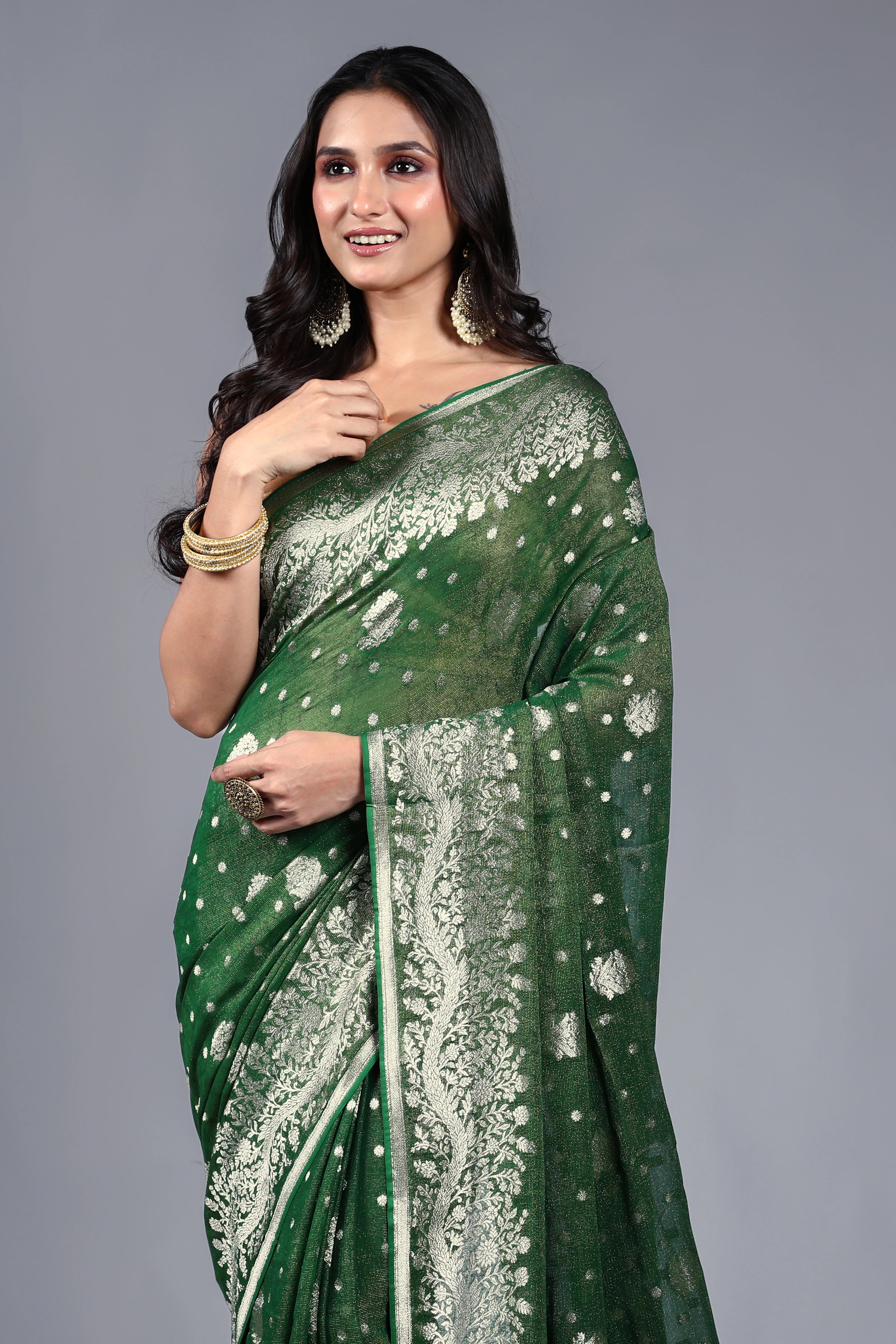 Dark Bottle Green Semi Khaddi Saree With Blouse Piece