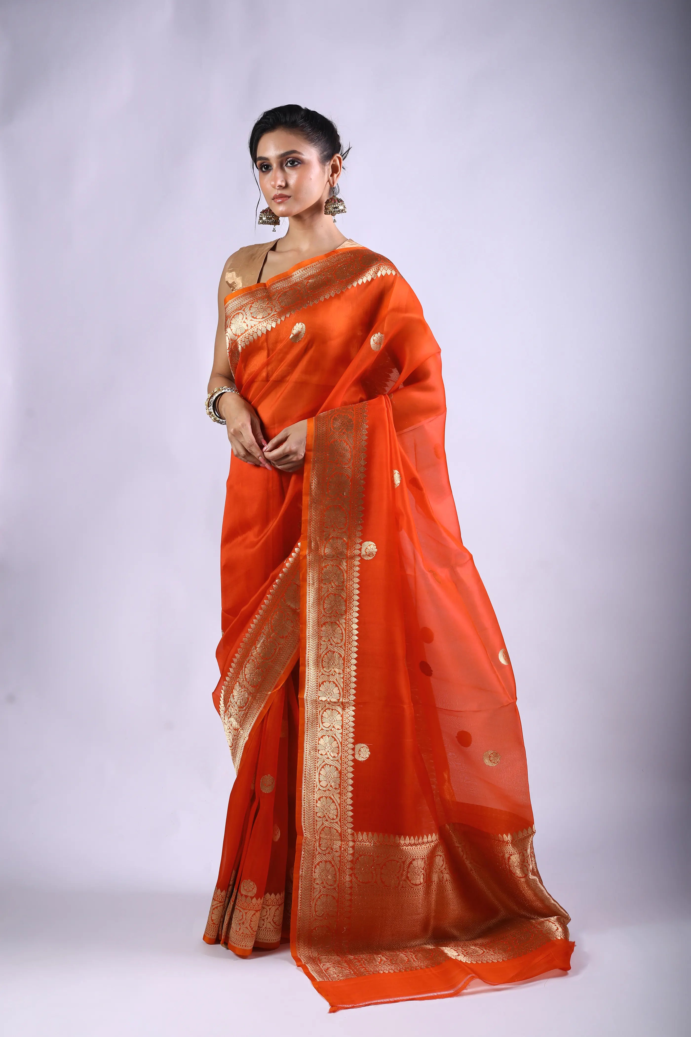 Orange Chand Tara Kora Banarasi Saree With Blouse Piece