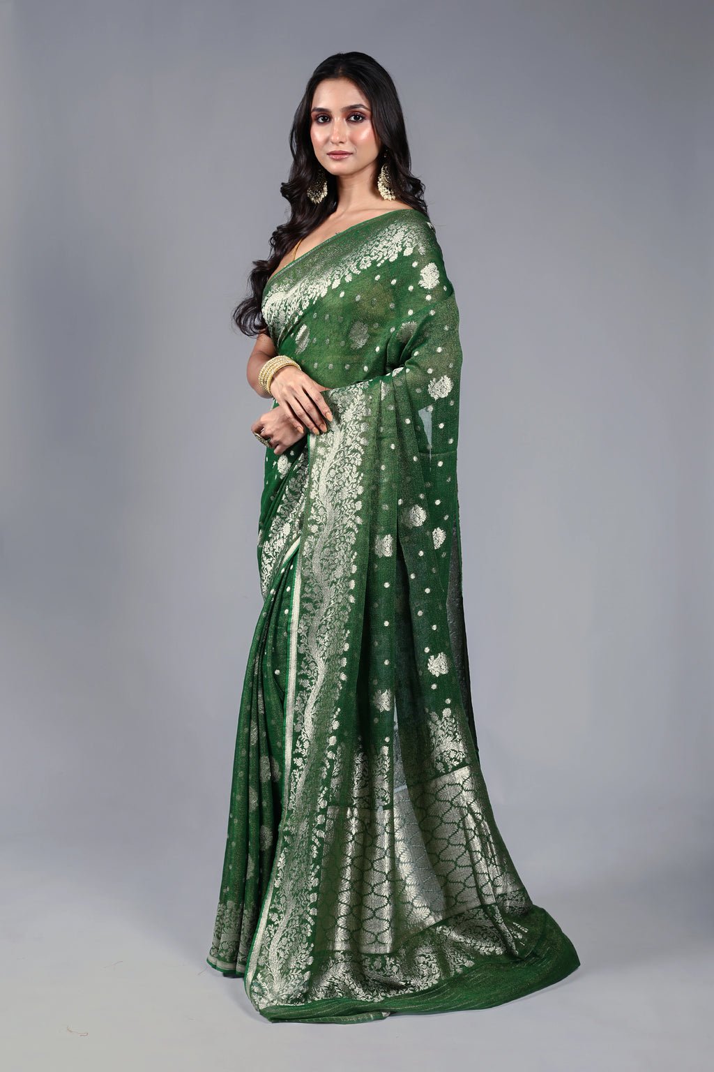 Dark Bottle Green Semi Khaddi Saree With Blouse Piece